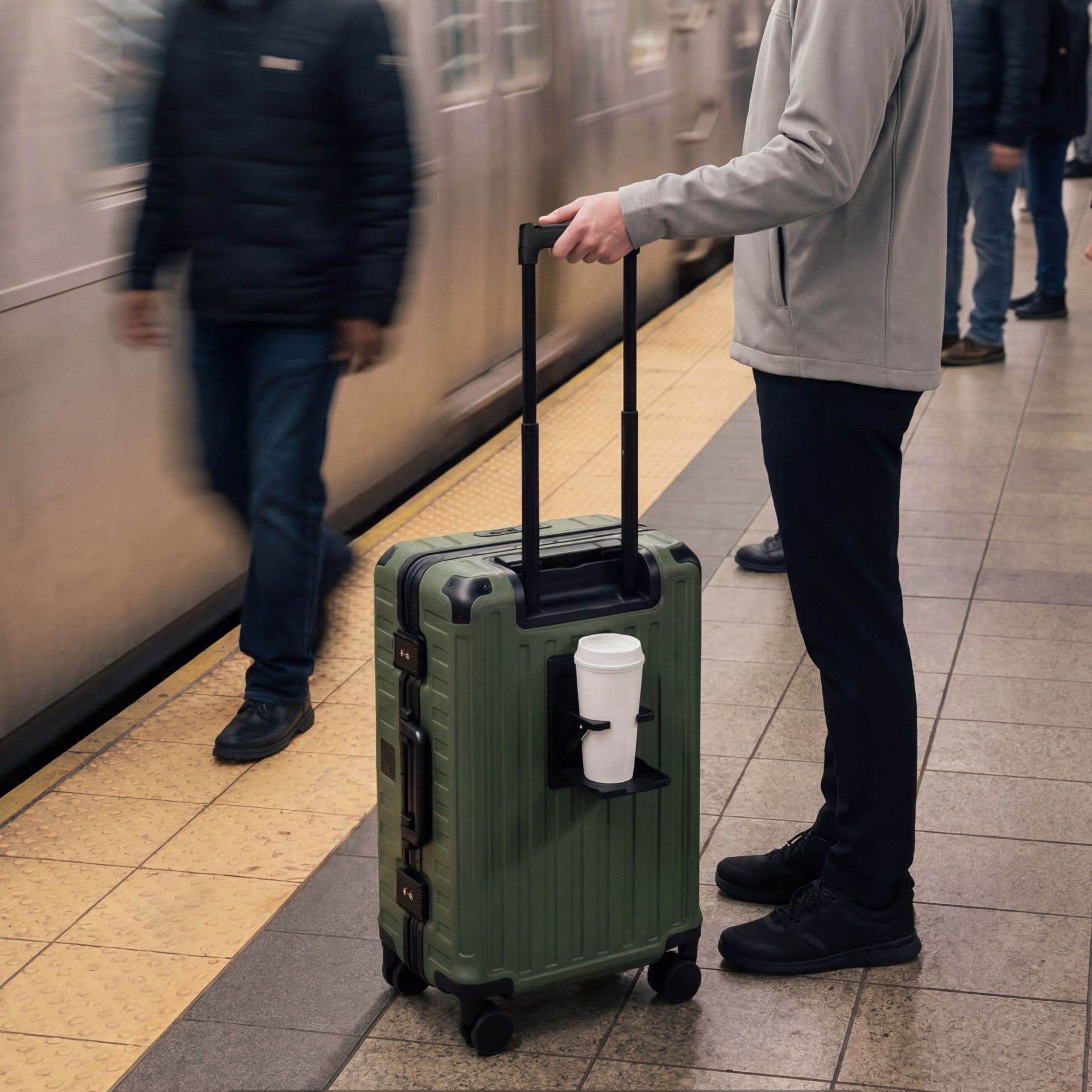 Detail view of LUGGEX ZX all-in-one aluminum carry-on featuring zipperless security lock and quick one-click opening design for fast and confident travel. #show #color_olive_green
