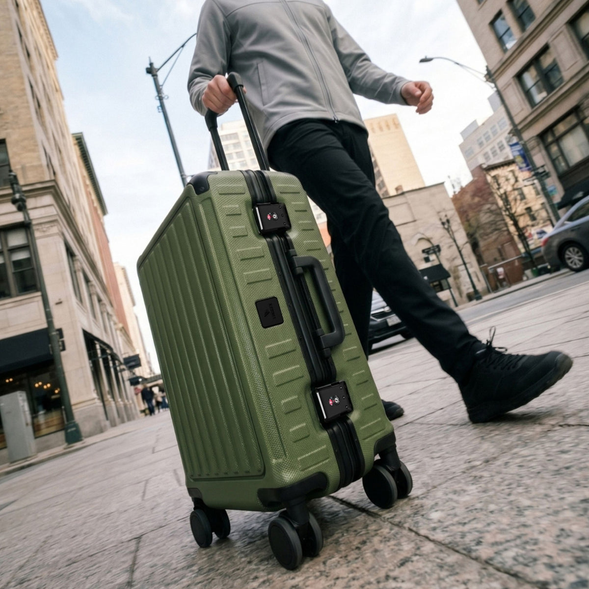 Detail view of LUGGEX ZX all-in-one aluminum carry-on featuring zipperless security lock and quick one-click opening design for fast and confident travel. #show #color_olive_green