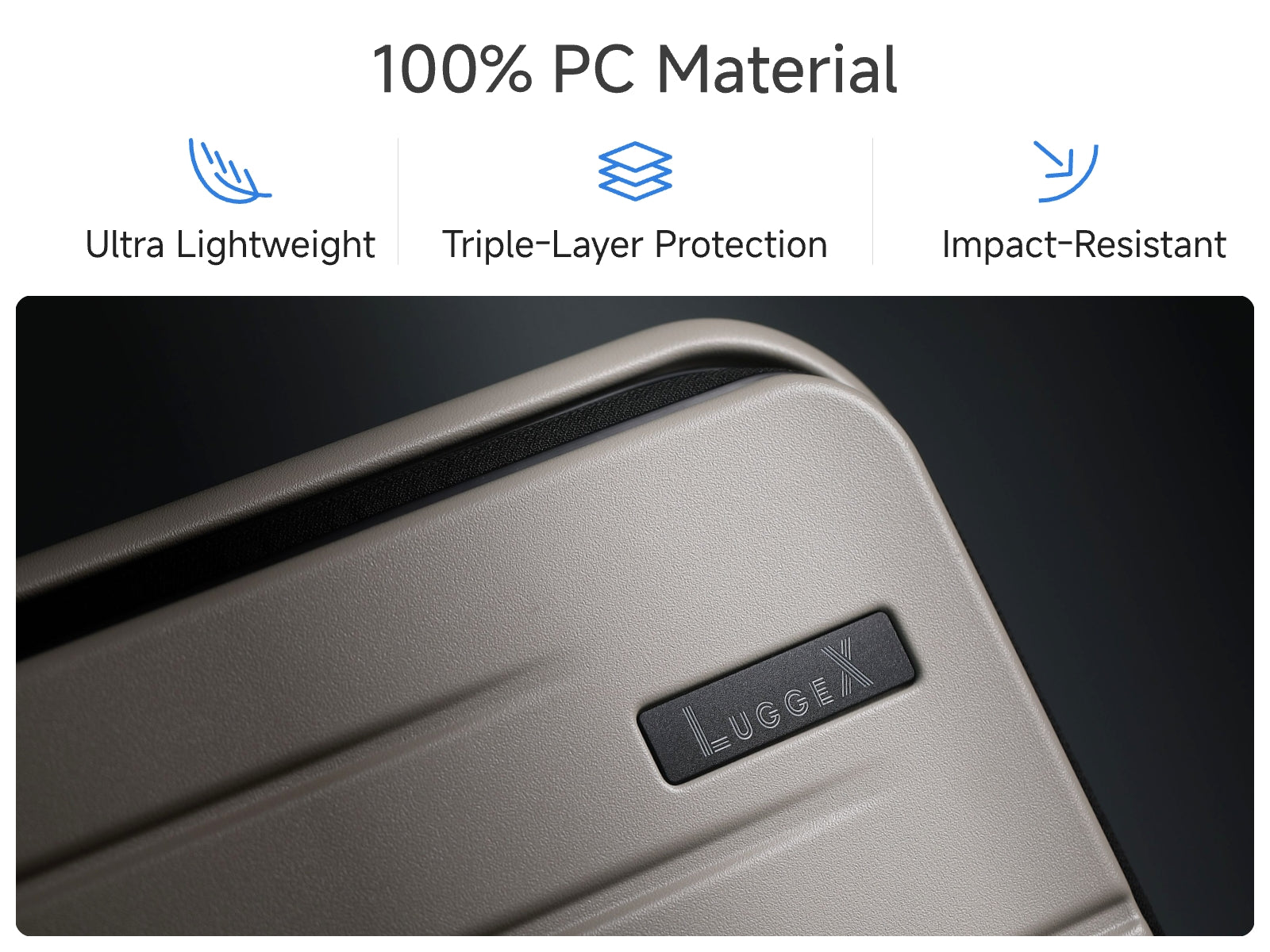 Close-up of LUGGEX FLO Lite beige carry-on luggage shell made from 100% polycarbonate with triple-layer protection and impact-resistant design