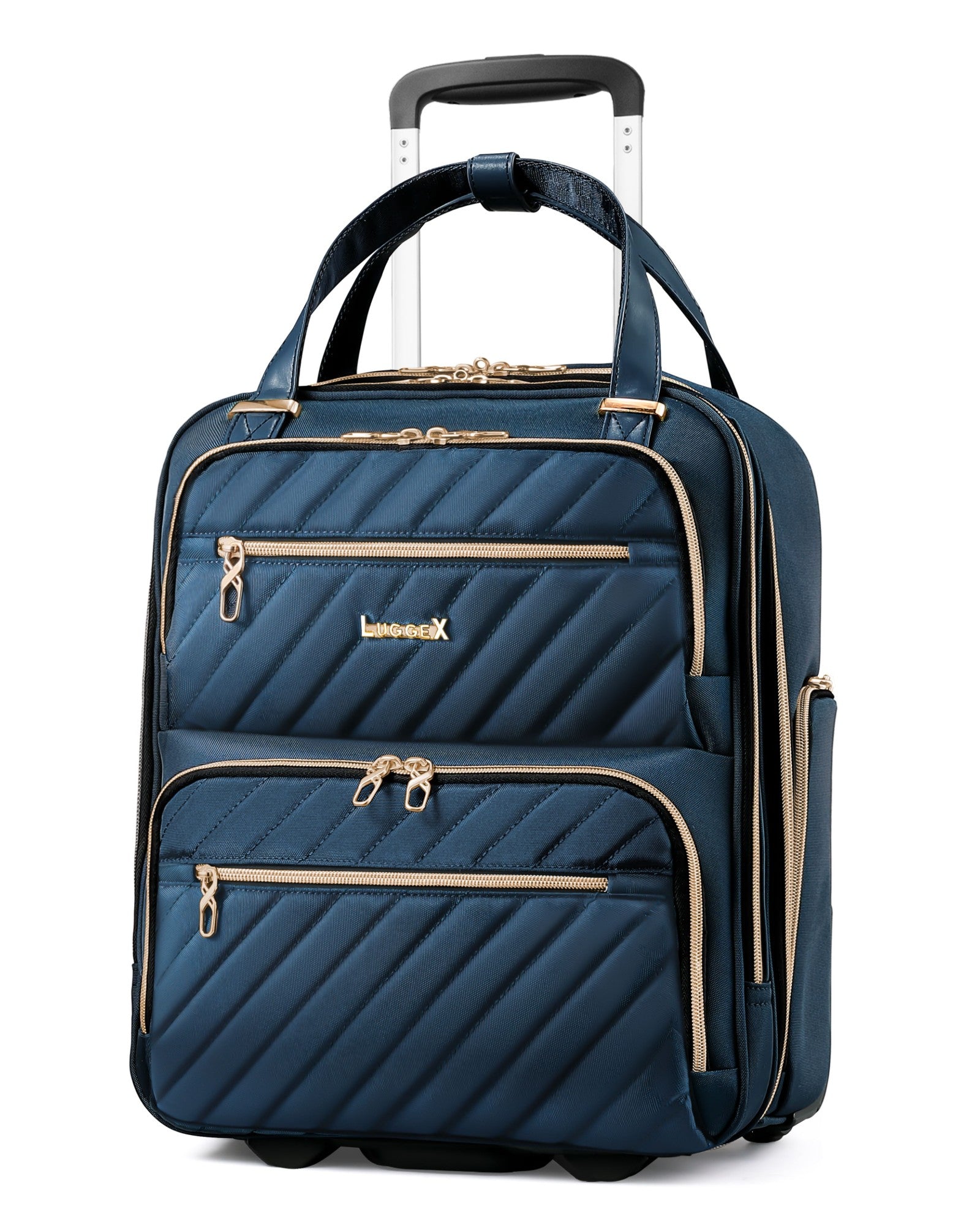 Blue soft-sided underseat carry-on luggage with wheels, front view of fashionable compact suitcase for short trips featuring laptop compartment.