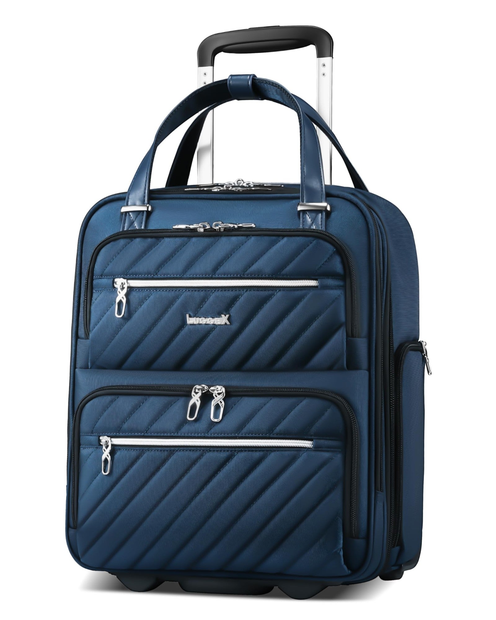 Blue Silve soft-sided underseat carry-on luggage with wheels, front view of fashionable compact suitcase for short trips featuring laptop compartment.