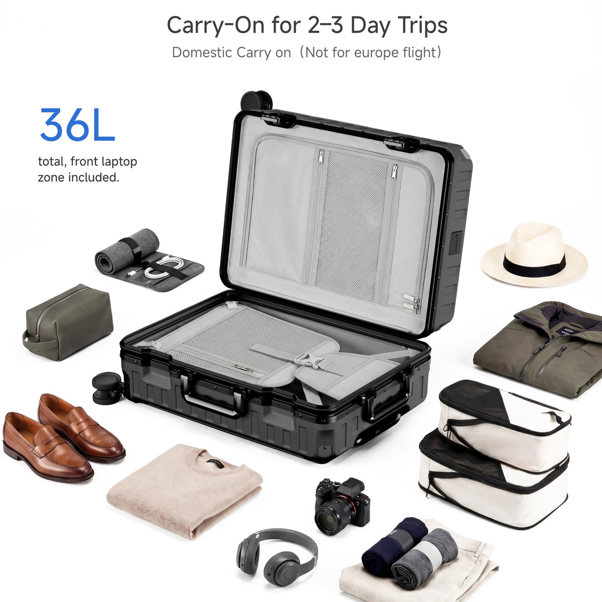 Rear view of ZX all-in-one carry-on suitcase featuring a built-in foldable cup holder, durable zipperless aluminum frame, reinforced corner guards, and smooth spinner wheels for convenient airport travel. #color_black