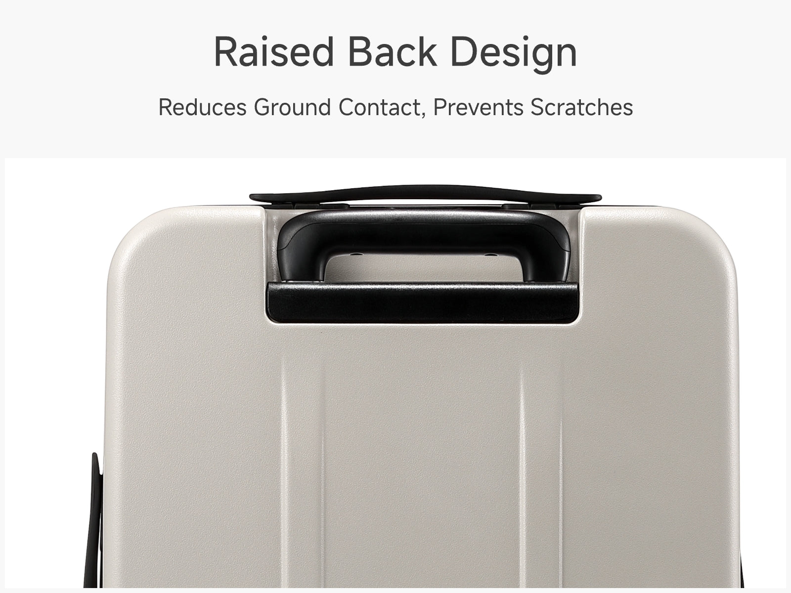 ack view of LUGGEX FLO Lite 20-inch beige carry-on luggage with raised back design made from durable hard-shell polycarbonate to reduce scratches.
