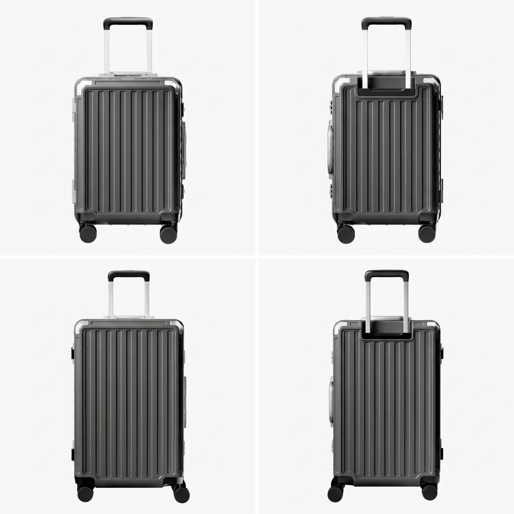 Front view of a check-in suitcase with a 100% polycarbonate shell, designed for lightweight durability and impact resistance.
