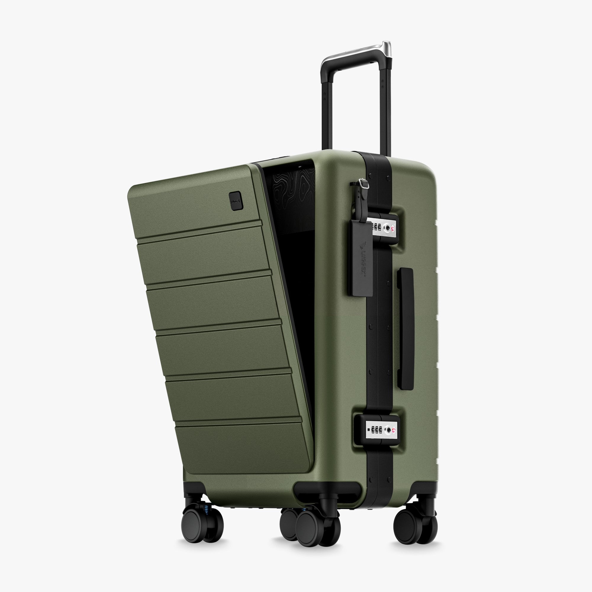 100% polycarbonate hard shell, and reinforced aluminum frame for durable protection and long-term travel use. #LUGGEX zipperless bigger carry-on suitcase with front-open design, 100% polycarbonate hard shell, and aluminum frame for durable, secure, and easy-access travel. #color_olive_green #show