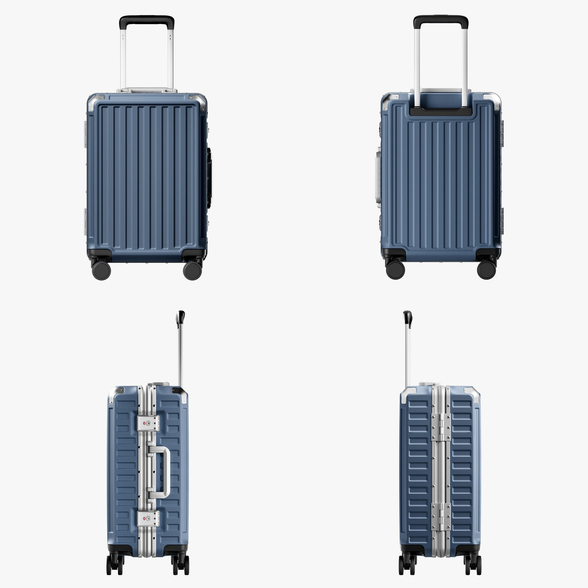 LUGGEX carry-on luggage in navy blue with black aluminum frame — front, back, and side views showing zipperless hard shell, TSA lock, and spinner wheels."#color_blue
#show
