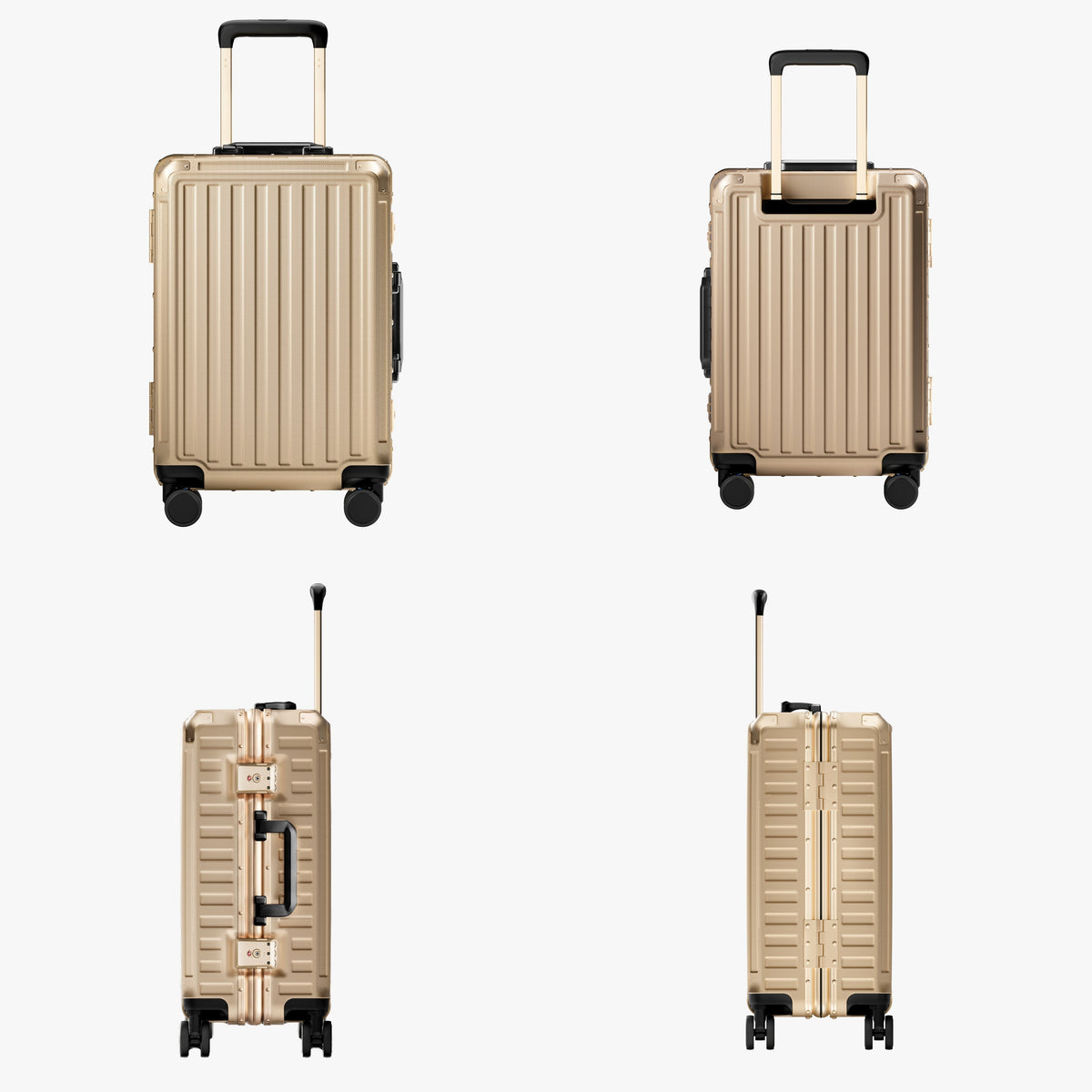 LUGGEX ZX 20-inch champagne gold suitcase, front, rear, latch-side and hinge-side views, included in the 20-inch + 28-inch luggage set.