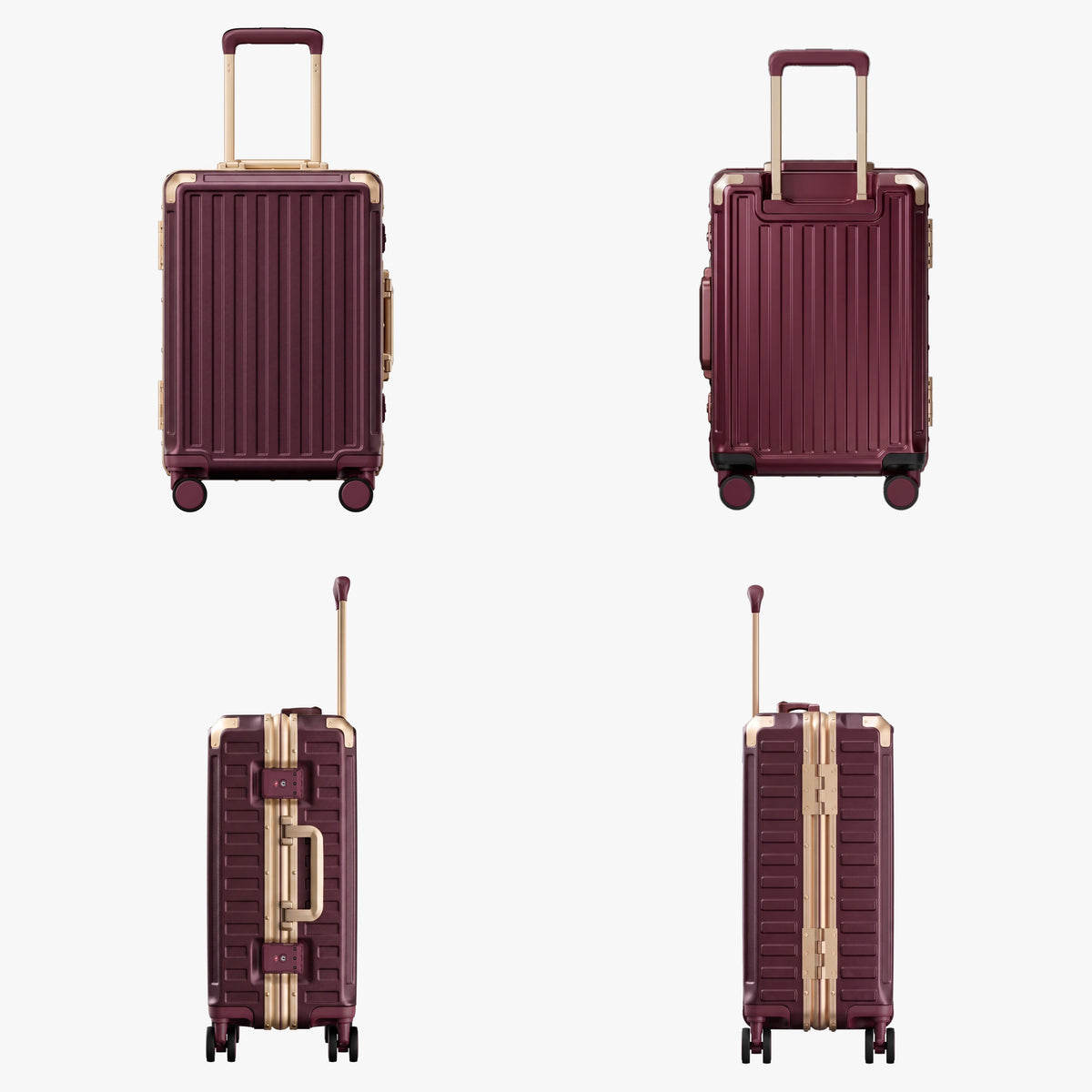 LUGGEX carry-on luggage in burgundy with gold aluminum frame — front, back, and side views showing zipperless hard shell, TSA lock, and spinner wheels.#color_cherry