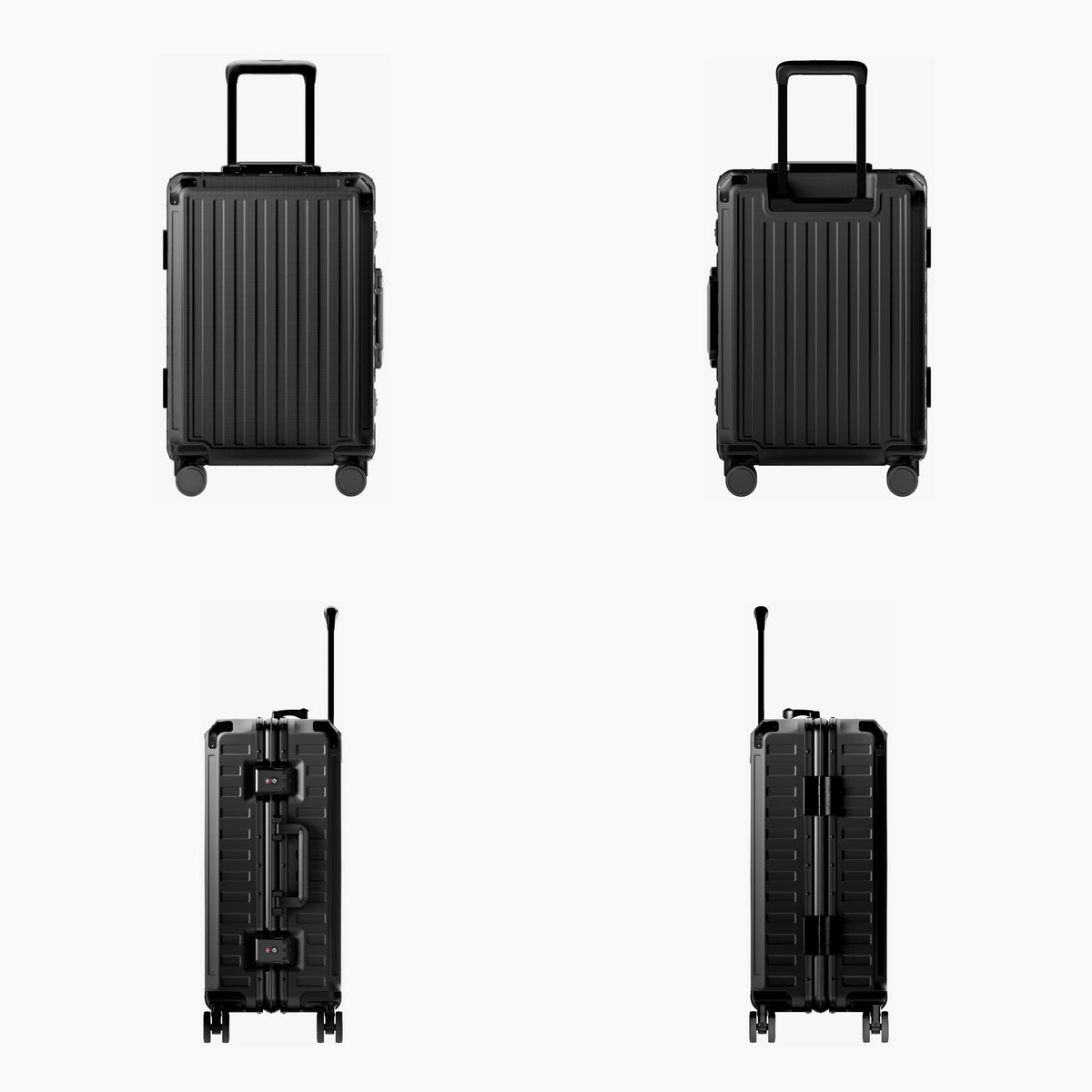 LUGGEX carry-on luggage in matte black with black aluminum frame — front, back, and side views showing zipperless hard shell, TSA lock, and spinner wheels.#color_black #show