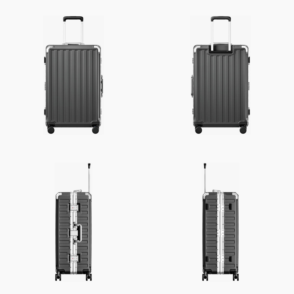 LUGGEX carry-on luggage in dark gray with silver aluminum frame — front, back, and side views showing zipperless hard shell, TSA lock, and spinner wheels. #color_charcoal #show