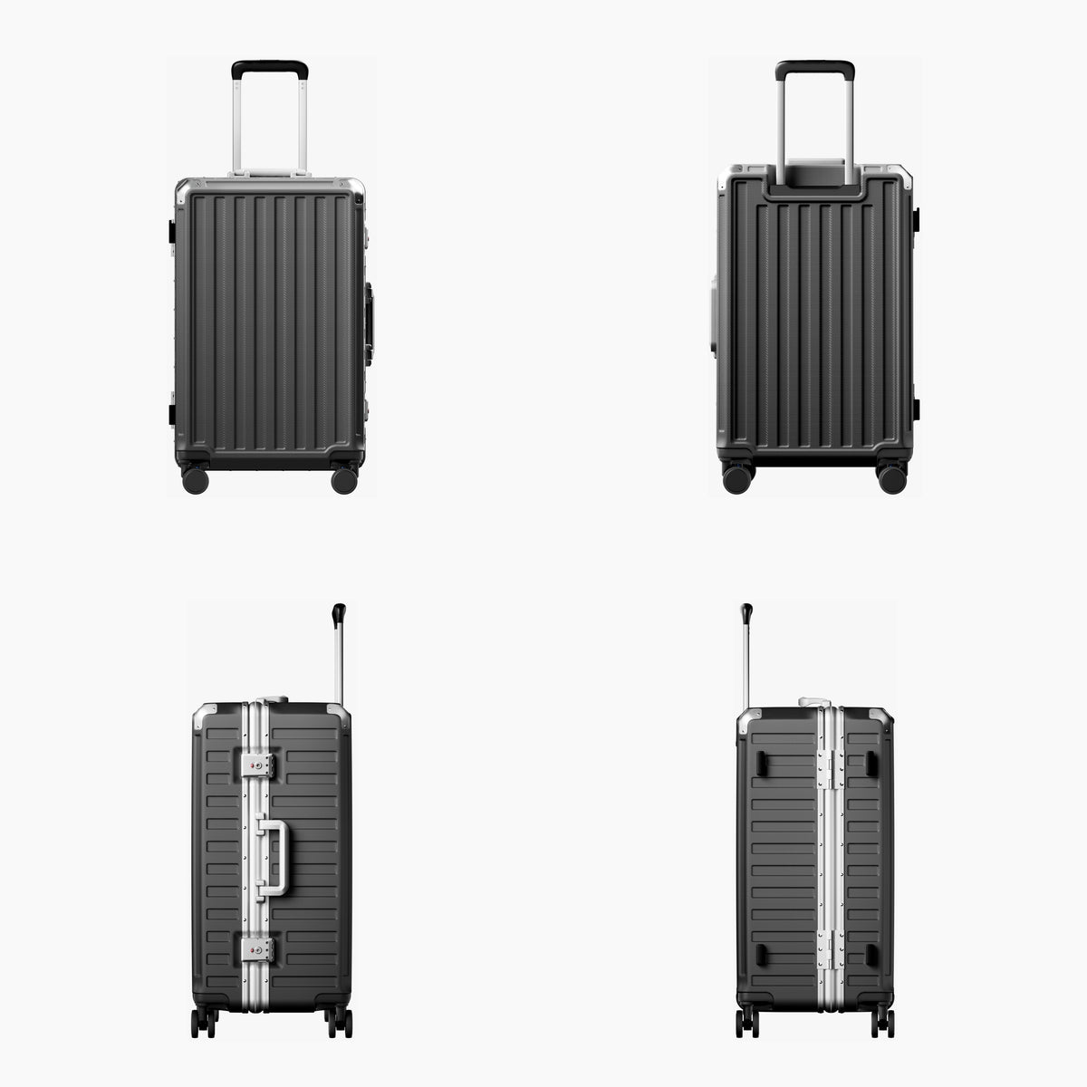 LUGGEX carry-on luggage in dark gray with silver aluminum frame — front, back, and side views showing zipperless hard shell, TSA lock, and spinner wheels.