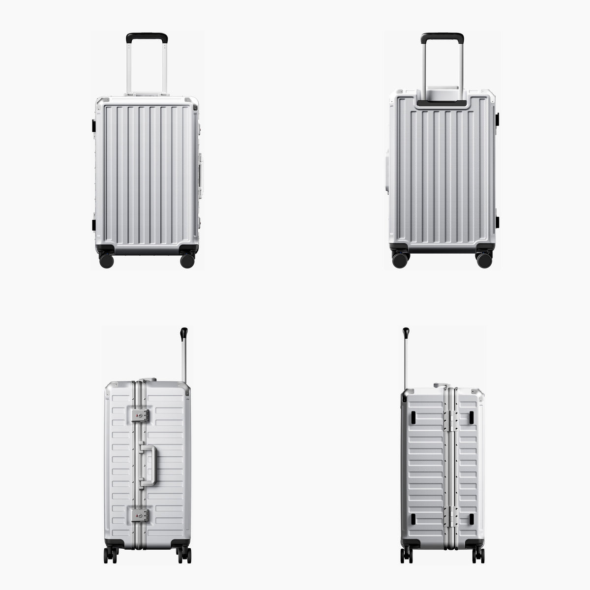 LUGGEX carry-on luggage in silver with silver aluminum frame — front, back, and side views showing zipperless hard shell, TSA lock, and spinner wheels.