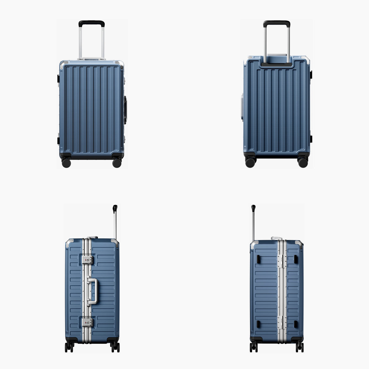 LUGGEX carry-on luggage in slate blue with silver aluminum frame — front, back, and side views showing zipperless hard shell, TSA lock, and spinner wheels.