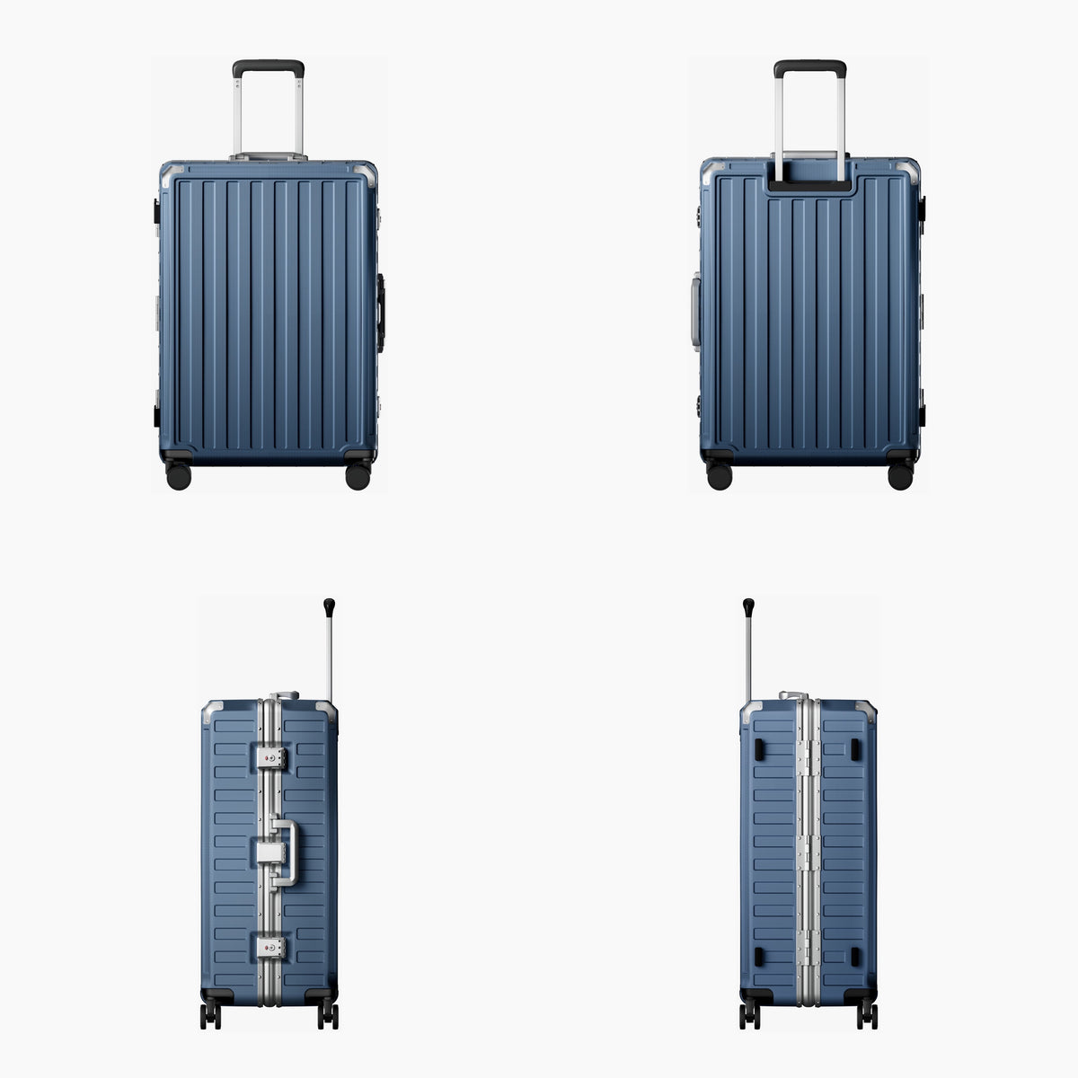 LUGGEX carry-on luggage in slate blue with silver aluminum frame — front, back, and side views showing zipperless hard shell, TSA lock, and spinner wheels.#color_blue #show