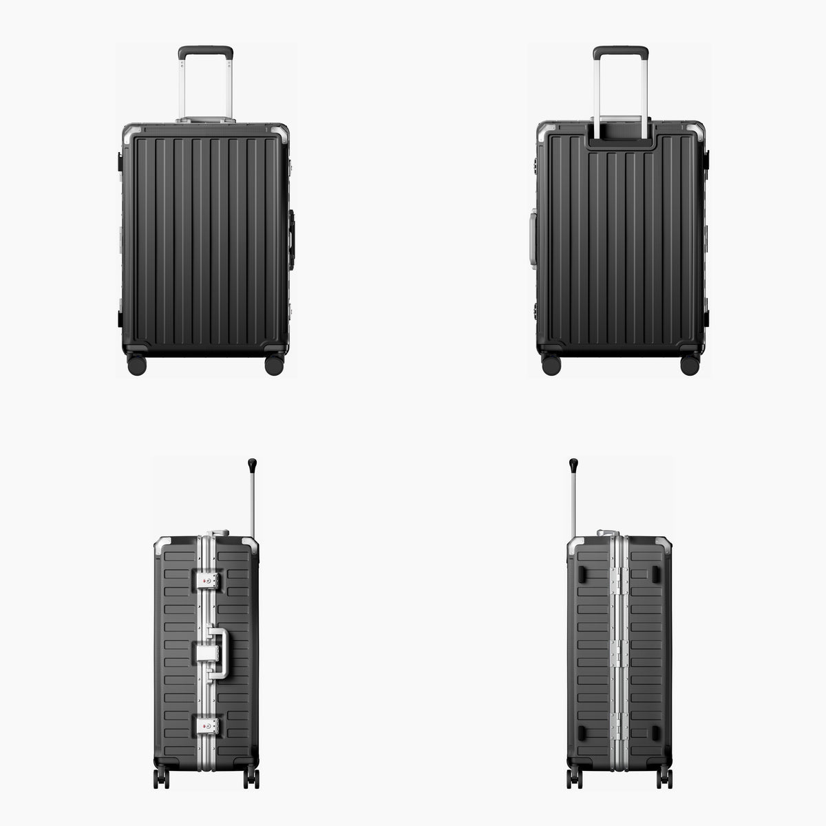 LUGGEX carry-on luggage in dark gray with silver aluminum frame — front, back, and side views showing zipperless hard shell, TSA lock, and spinner wheels. #color_charcoal #show