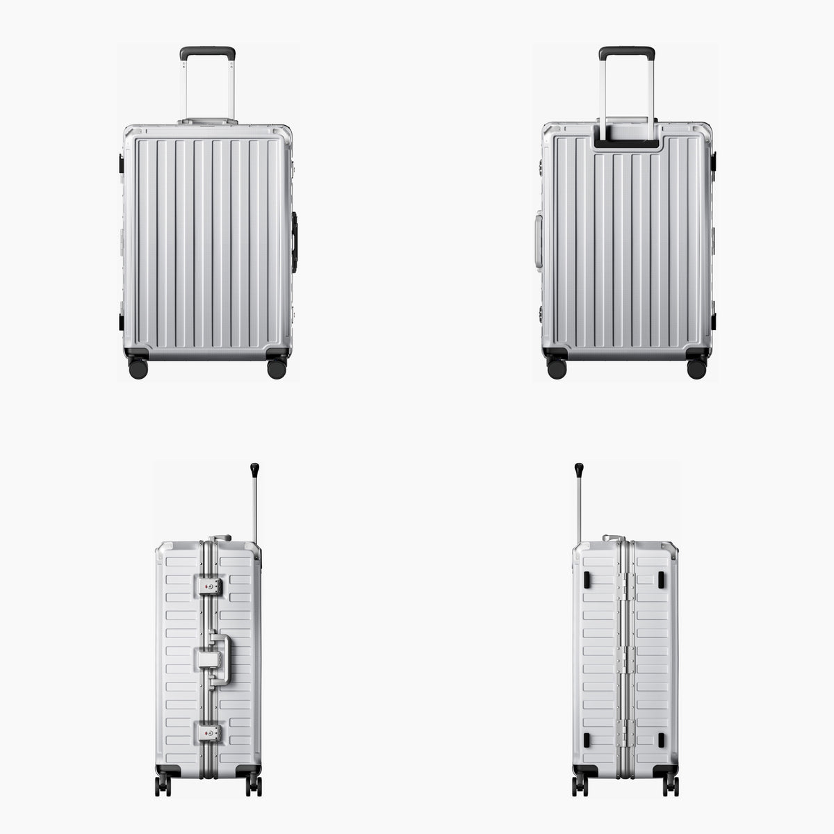 LUGGEX carry-on luggage in silver with silver aluminum frame — front, back, and side views showing zipperless hard shell, TSA lock, and spinner wheels.