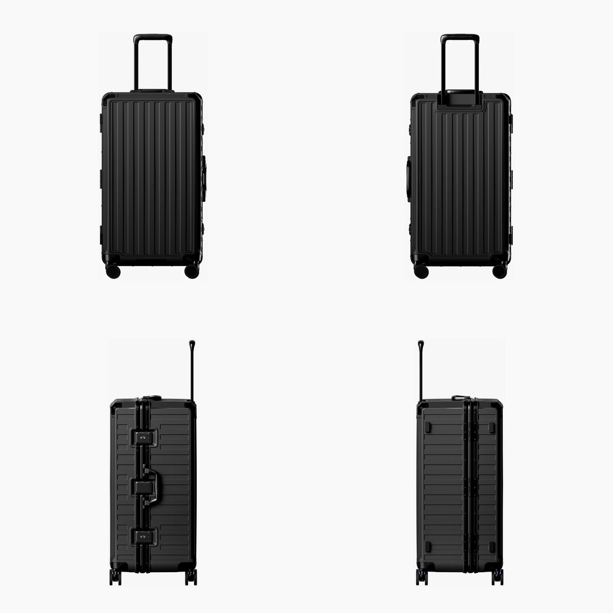 LUGGEX carry-on luggage in matte black with black aluminum frame — front, back, and side views showing zipperless hard shell, TSA lock, and spinner wheels.#color_black #show