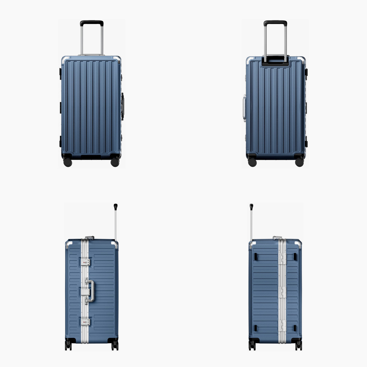 LUGGEX carry-on luggage in slate blue with silver aluminum frame — front, back, and side views showing zipperless hard shell, TSA lock, and spinner wheels.#color_blue/ Limited #show