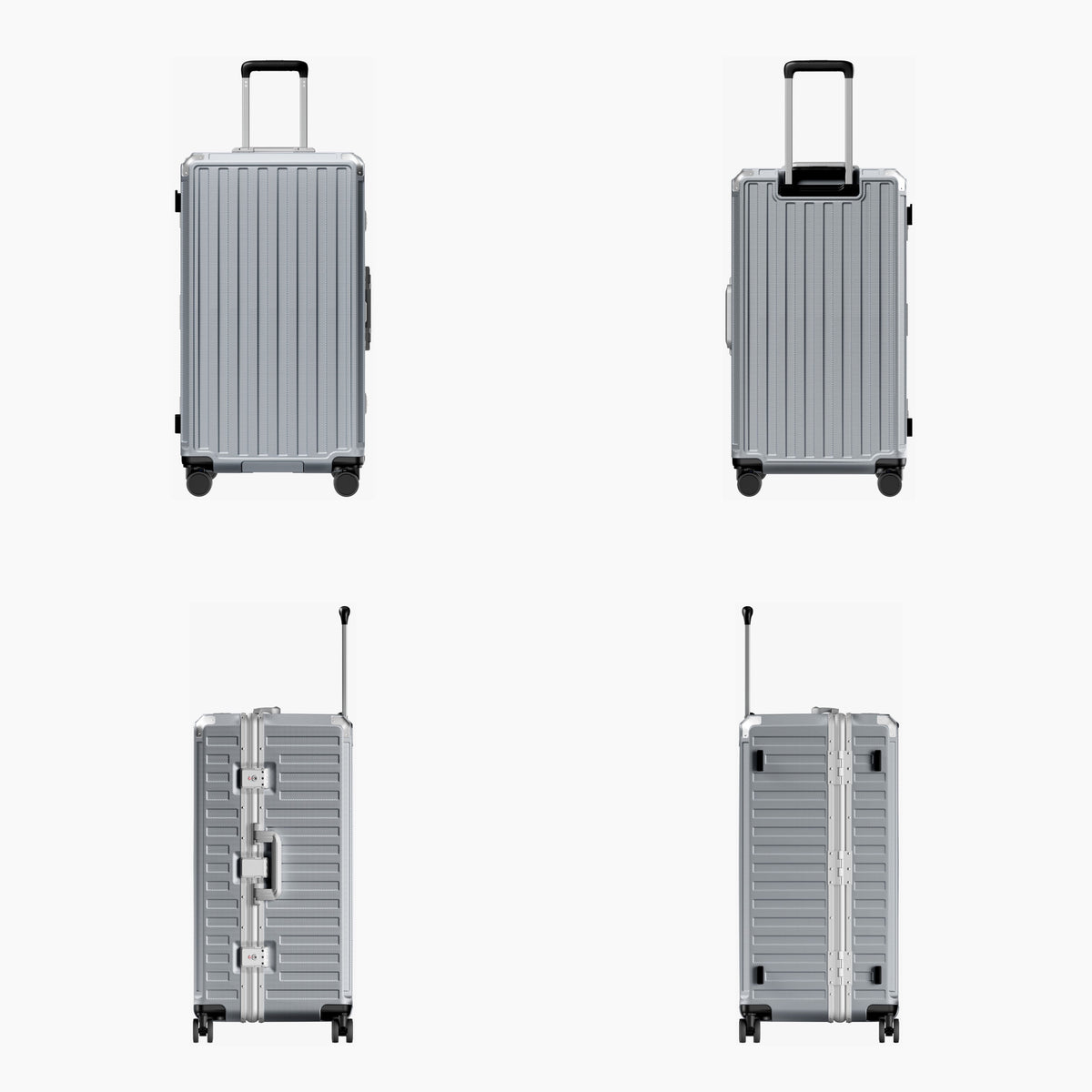 LUGGEX carry-on luggage in silver with silver aluminum frame — front, back, and side views showing zipperless hard shell, TSA lock, and spinner wheels.