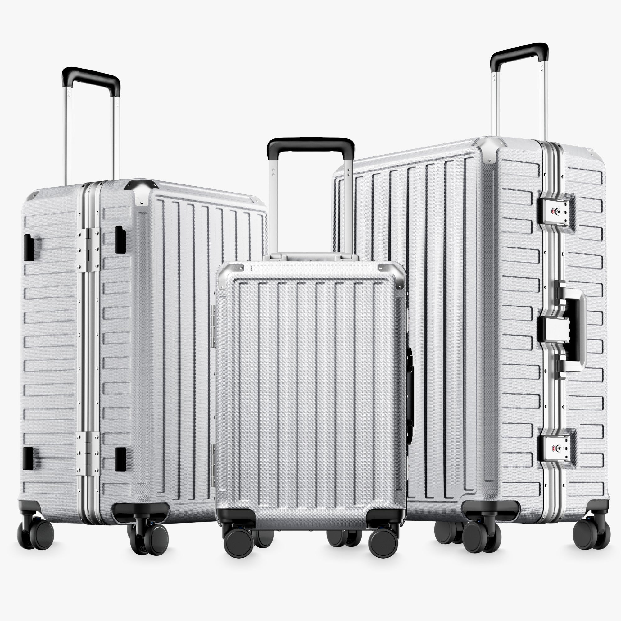 100% polycarbonate hard shell, and reinforced aluminum frame for durable protection and long-term travel use. #LUGGEX aluminum-frame zipperless luggage set with 100% polycarbonate hard shell, TSA-approved locks, and smooth spinner wheels for durable, secure travel.
#color_sliver-grey #show