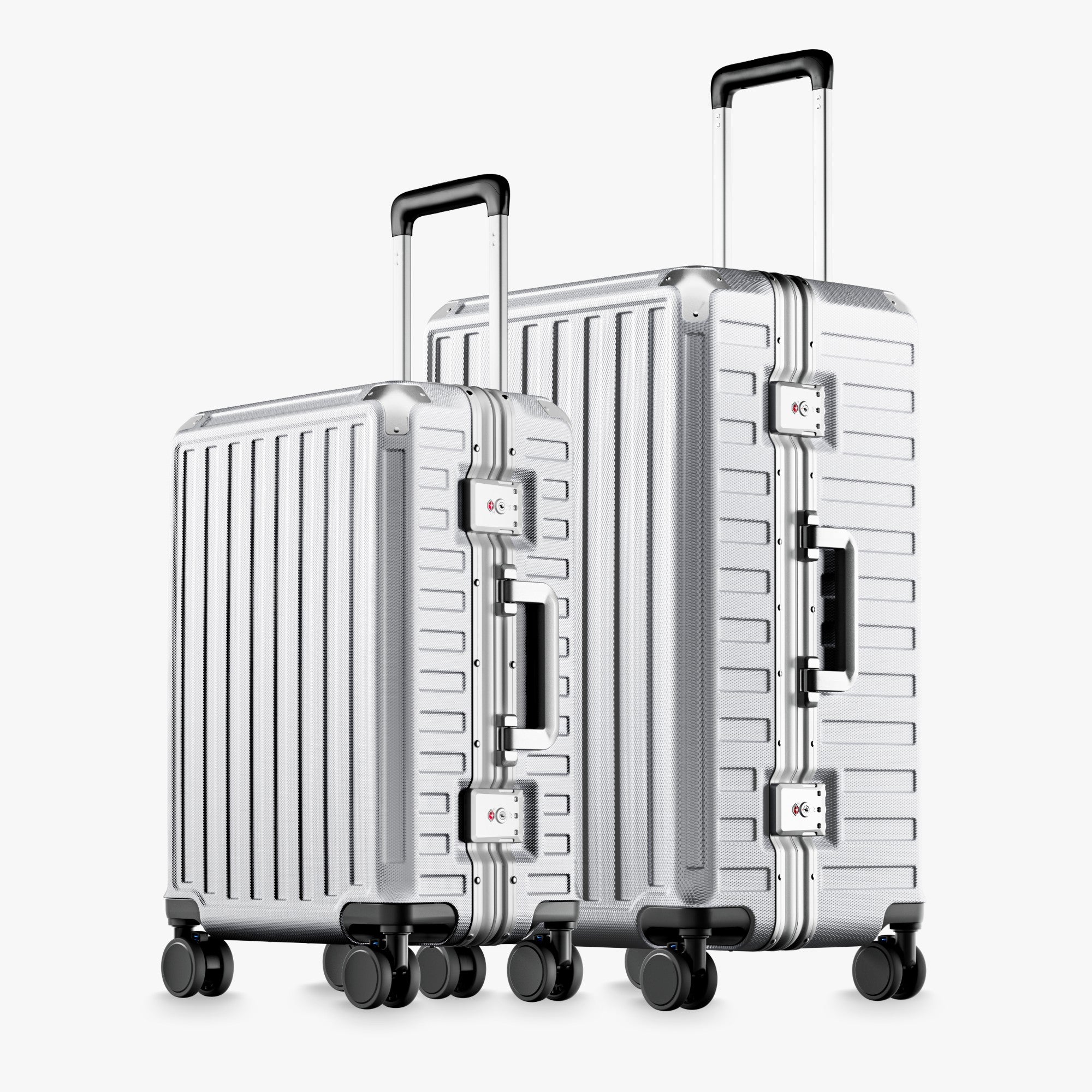 100% polycarbonate hard shell, and reinforced aluminum frame for durable protection and long-term travel use. #LUGGEX aluminum-frame zipperless luggage set with 100% polycarbonate hard shell, TSA-approved locks, and smooth spinner wheels for durable, secure travel.
#color_sliver_grey #show