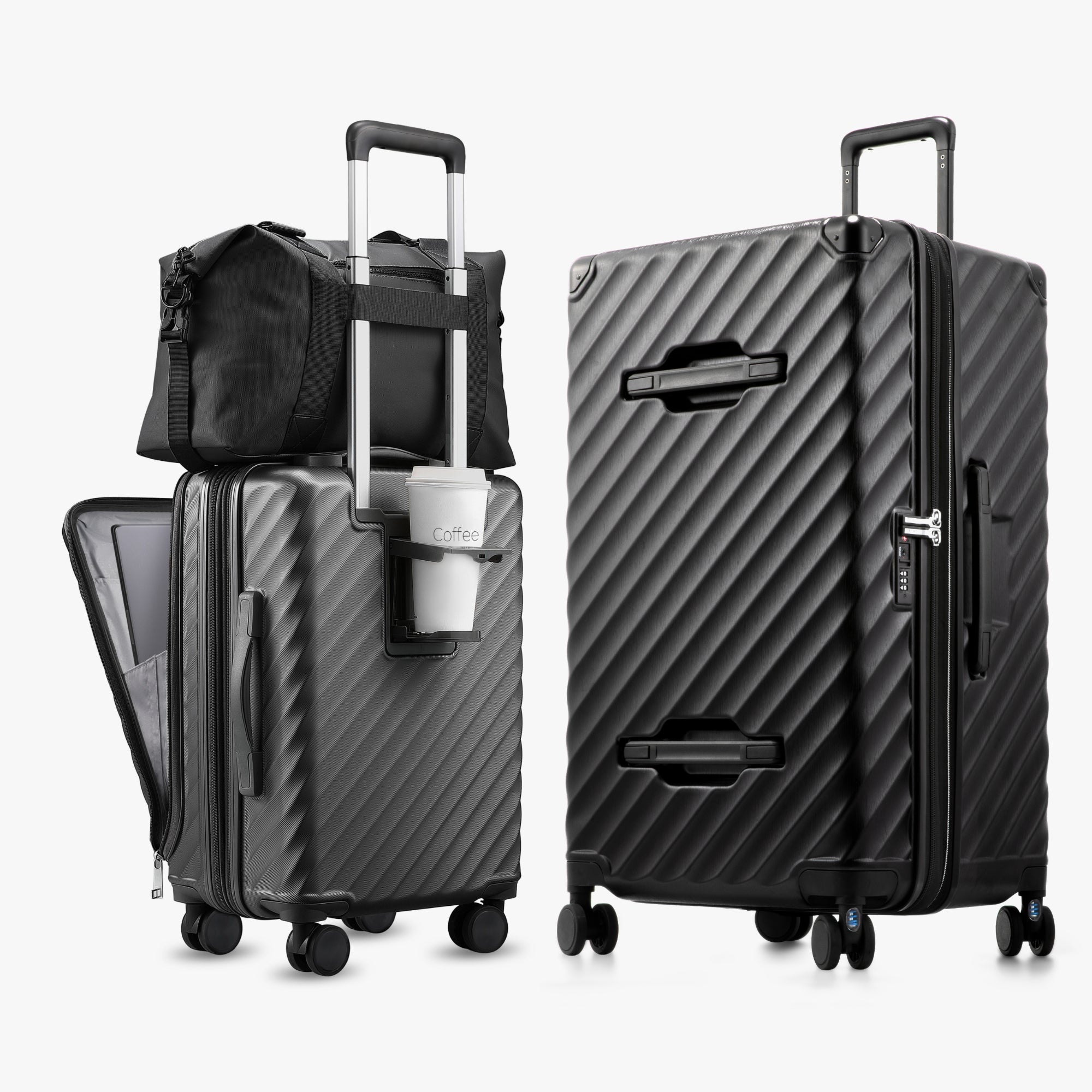 Front-Open Carry-On with Cup Holder & Laptop Pocket
Deep-Capacity Trunk-Style Check-In Luggage
# Front-open carry-on luggage with cup holder and laptop pocket alongside deep-capacity trunk-style check-in suitcase #show