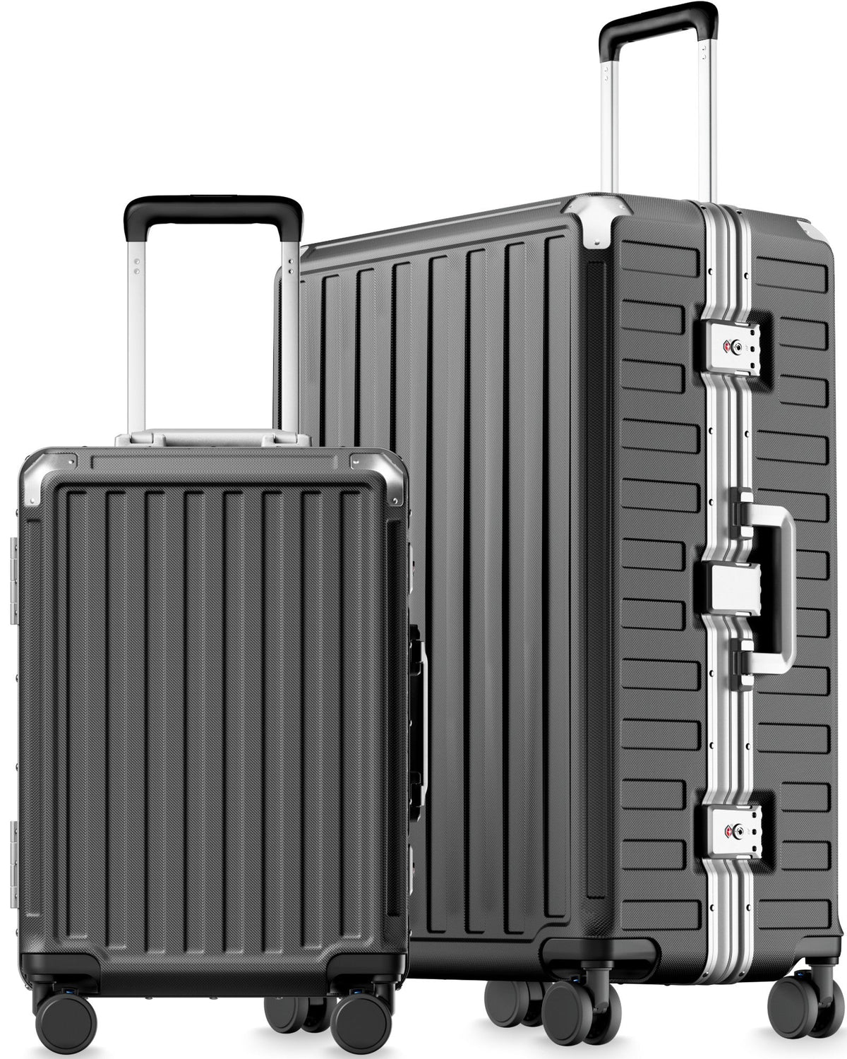 LUGGEX luggage feature diagram highlighting 3-stage adjustable handle, zipperless aluminum frame, 4 reinforced corners, 2 TSA-approved locks, removable privacy divider, and shock-absorbing spinner wheels#color_charcoal
