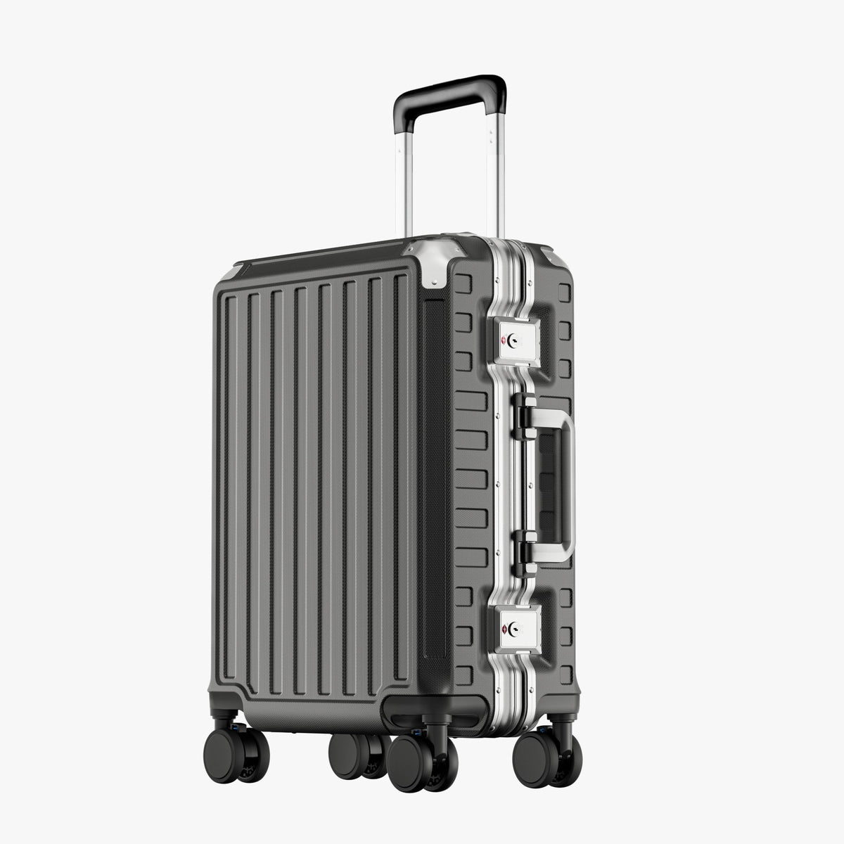 Back view of Back view of an aluminum frame carry-on suitcase with spinner wheels and a telescopic handle, designed for durable and smooth travel. #show #color_charcoal