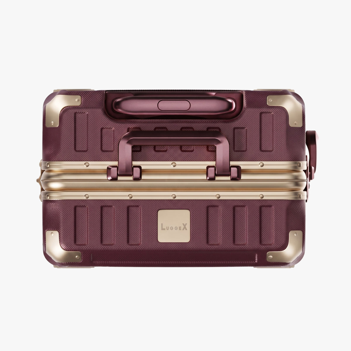 Side view of aluminum frame luggage with protective foot pads that elevate the shell and prevent scratches when the suitcase is placed on the ground. #show #color_cherry