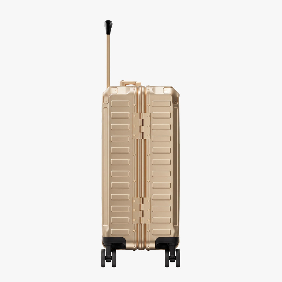 Side view of aluminum frame luggage with protective foot pads that elevate the shell and prevent scratches when the suitcase is placed on the ground. #show #color_champagne_gold