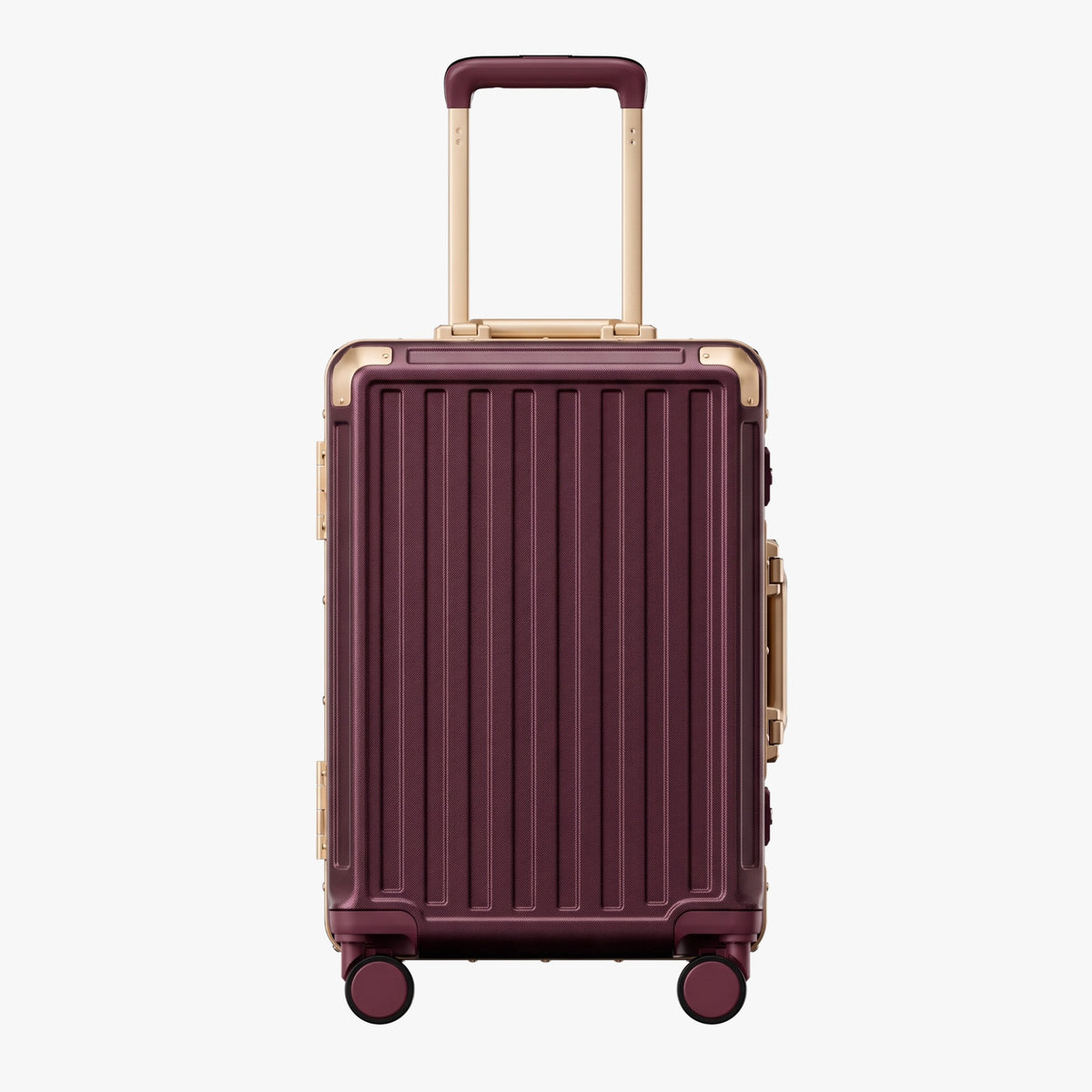 Side view of aluminum frame luggage with protective foot pads that elevate the shell and prevent scratches when the suitcase is placed on the ground. #show #color_cherry