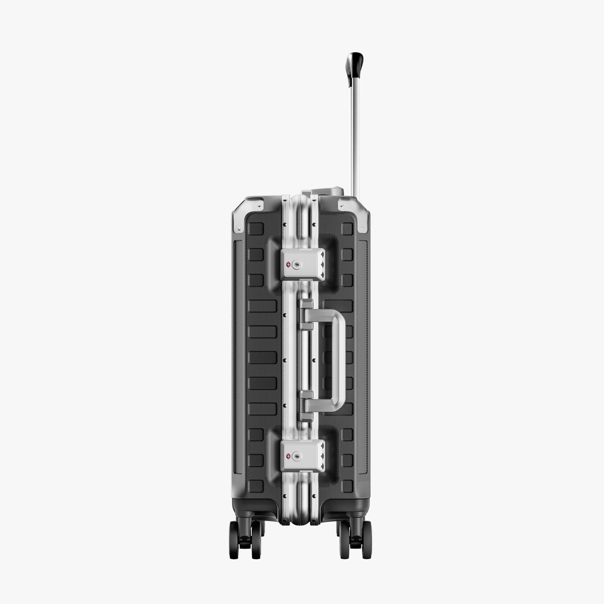 Side view of aluminum frame luggage with protective foot pads that elevate the shell and prevent scratches when the suitcase is placed on the ground. #show #color_charcoal