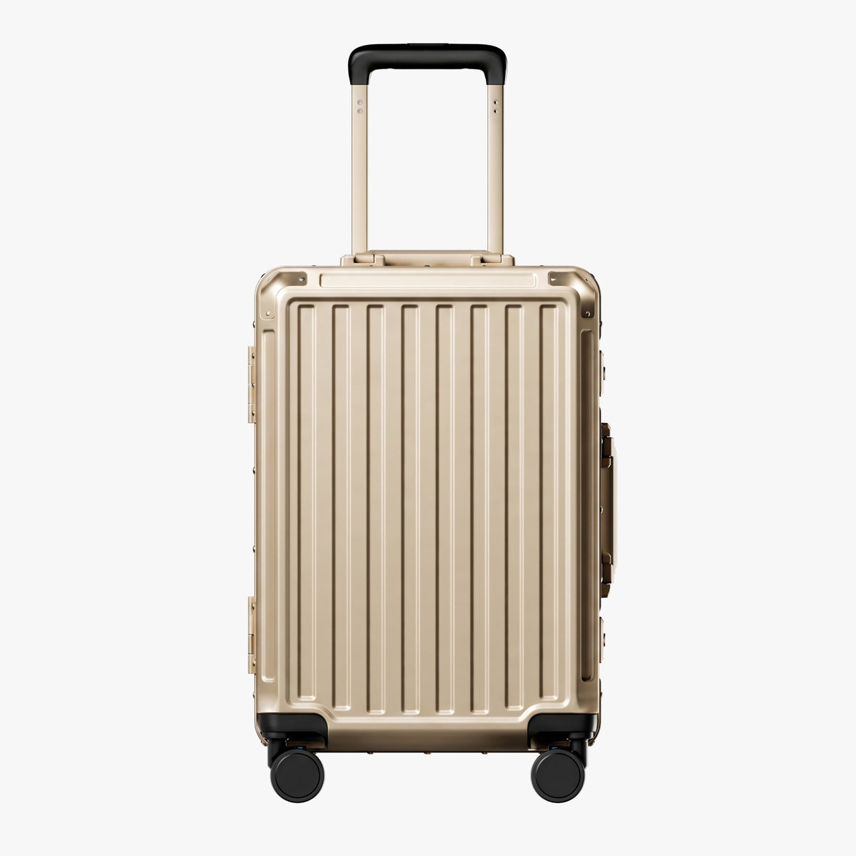 Side view of aluminum frame luggage with protective foot pads that elevate the shell and prevent scratches when the suitcase is placed on the ground. #show #color_champagne_gold