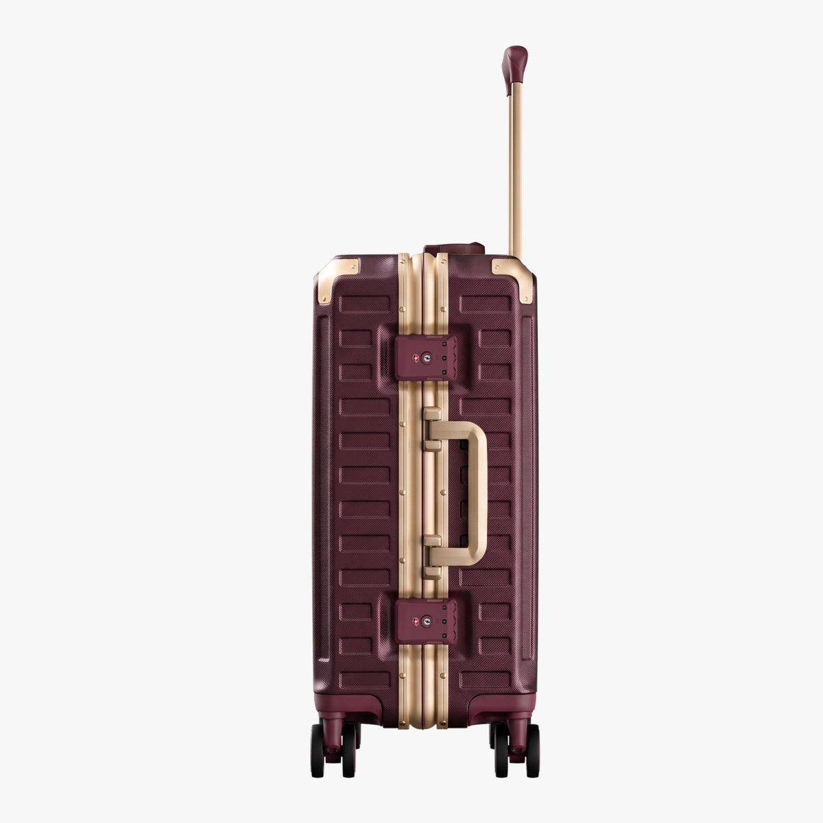 Side view of aluminum frame luggage with protective foot pads that elevate the shell and prevent scratches when the suitcase is placed on the ground. #show #color_cherry