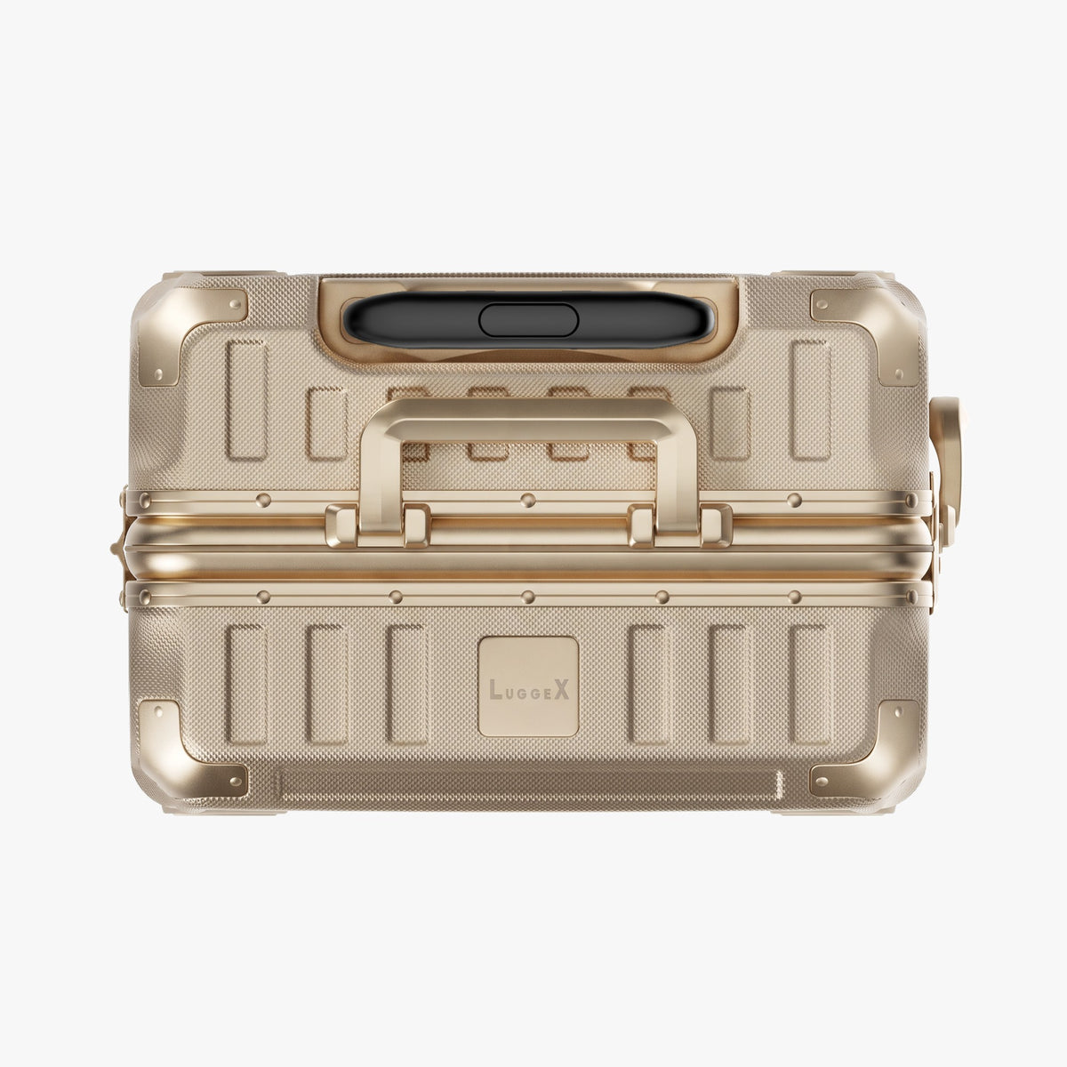 Side view of aluminum frame luggage with protective foot pads that elevate the shell and prevent scratches when the suitcase is placed on the ground. #show #color_champagne_gold