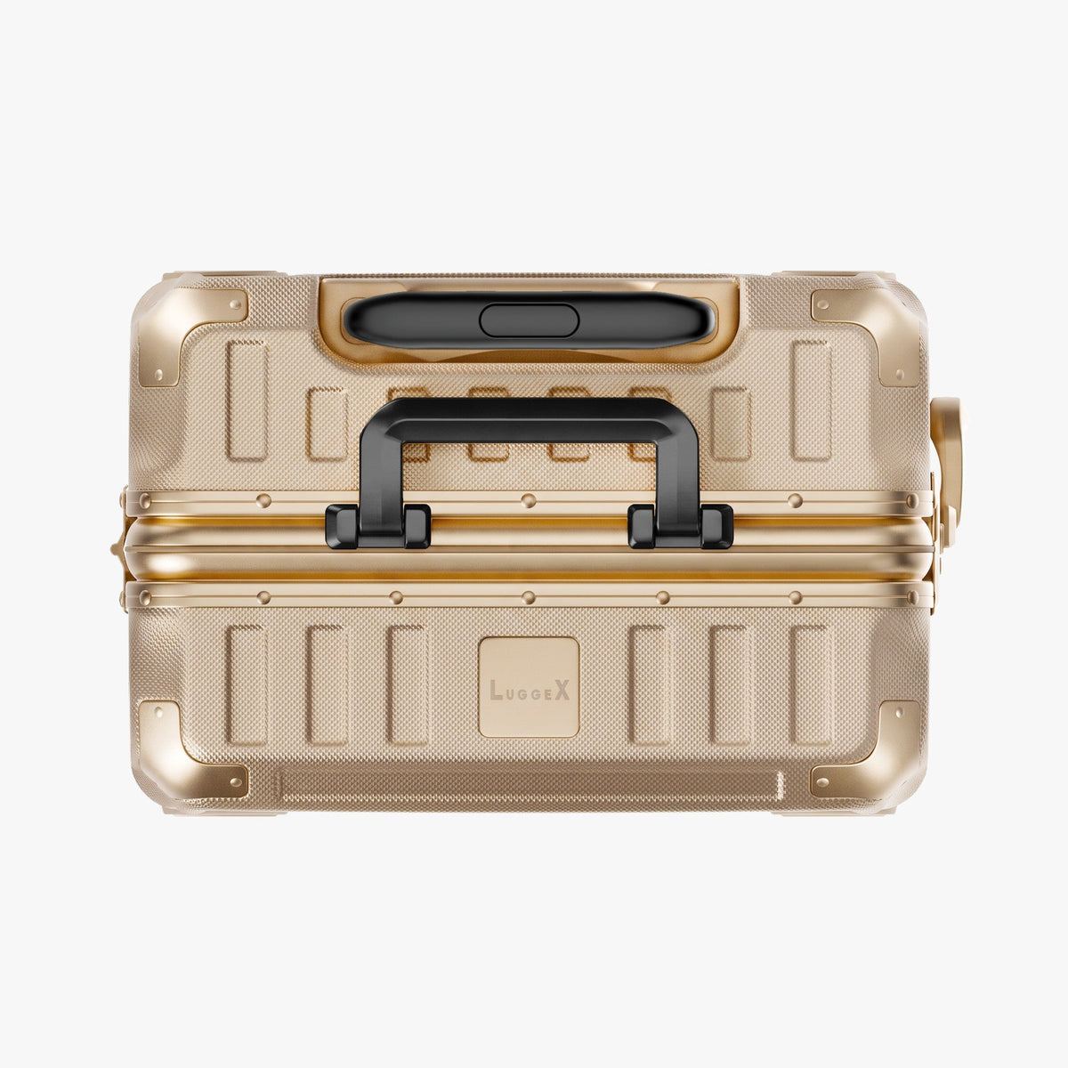 LUGGEX ZX 20-inch champagne gold suitcase, top carry handle view, included in the 20-inch + 28-inch luggage set.