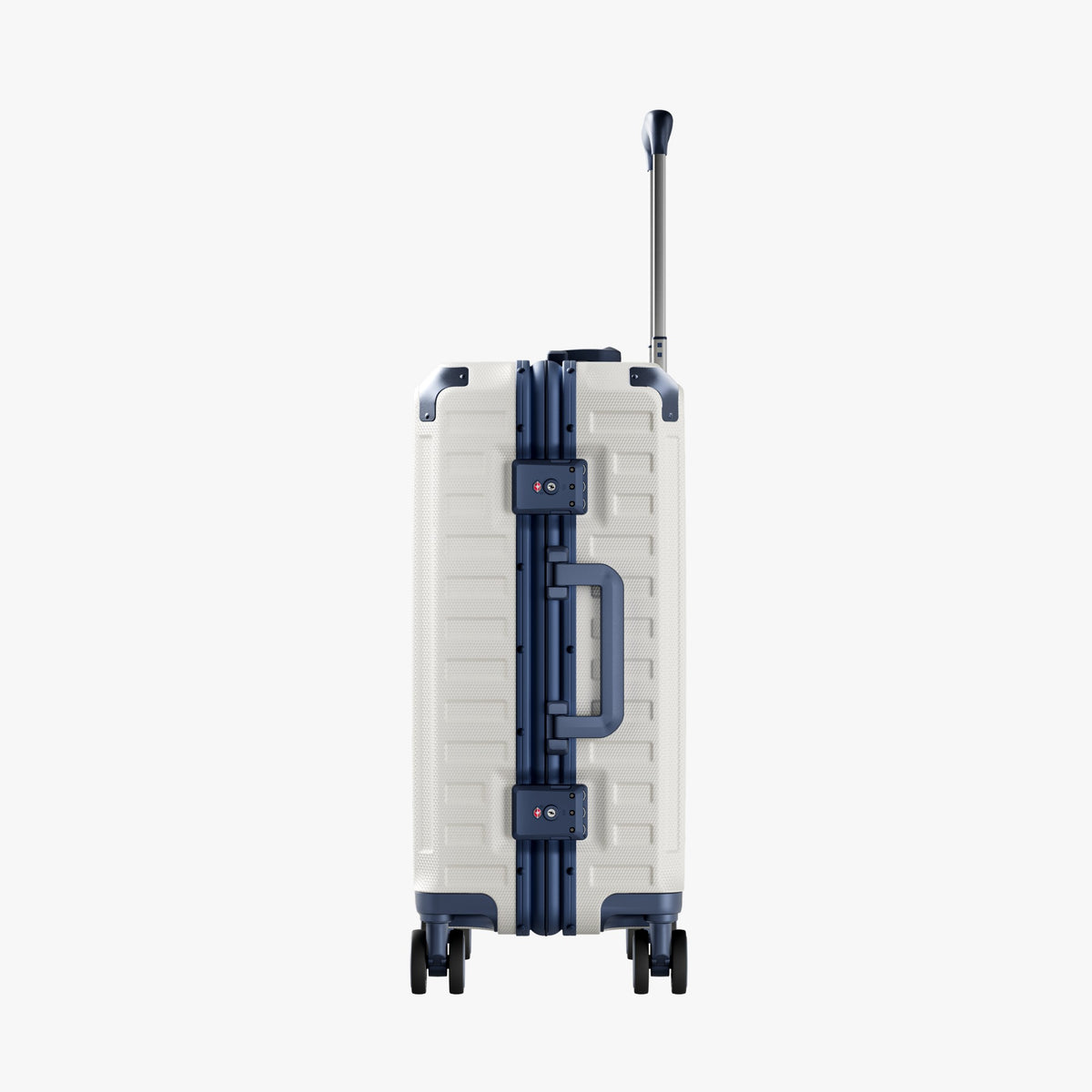 Side view of aluminum frame luggage with protective foot pads that elevate the shell and prevent scratches when the suitcase is placed on the ground. #show #color_white_blue