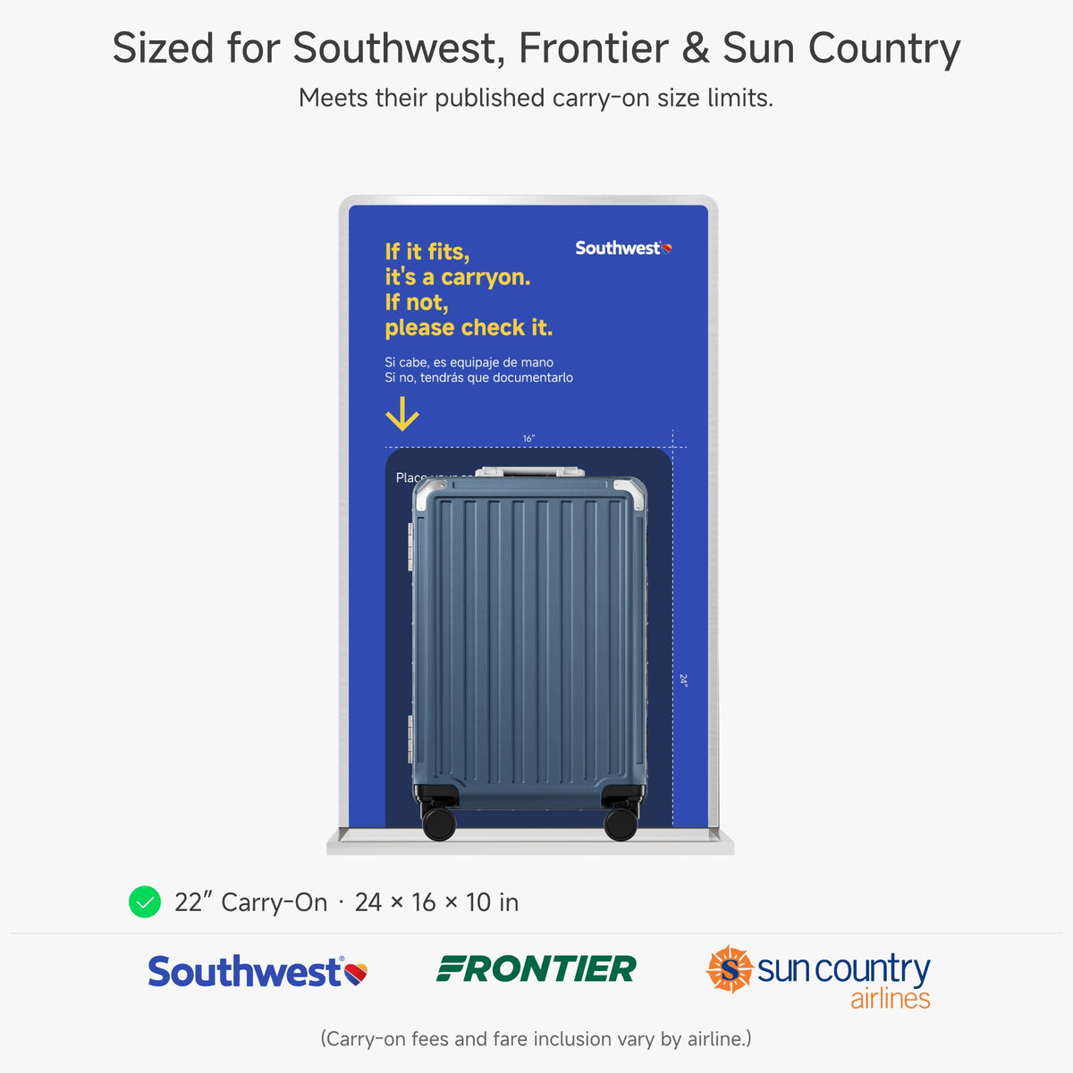 LUGGEX 22-inch blue carry-on luggage fitting inside a Southwest Airlines size gauge, certified for Southwest, Frontier, and Sun Country airlines at 24x16x10 inches#color_blue