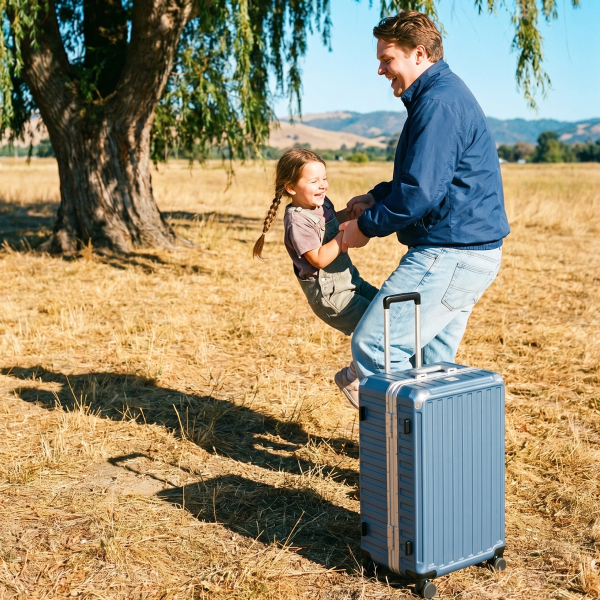Father and daughter playing outdoors beside a LUGGEX 24-inch zipperless aluminum carry-on luggage in light blue with silver frame and spinner wheels.