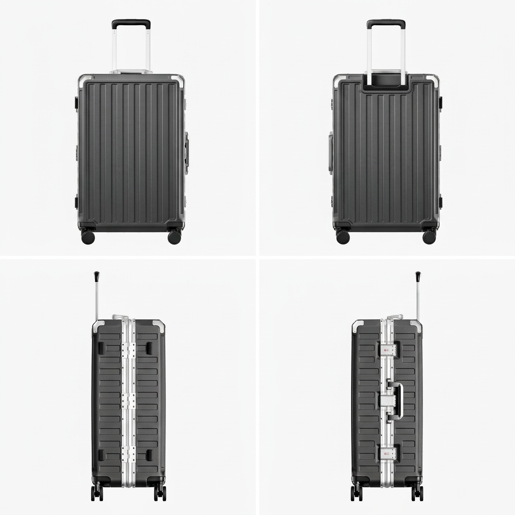 LUGGEX luggage feature diagram highlighting 3-stage adjustable handle, zipperless aluminum frame, 4 reinforced corners, 2 TSA-approved locks, removable privacy divider, and shock-absorbing spinner wheels#color_charcoal