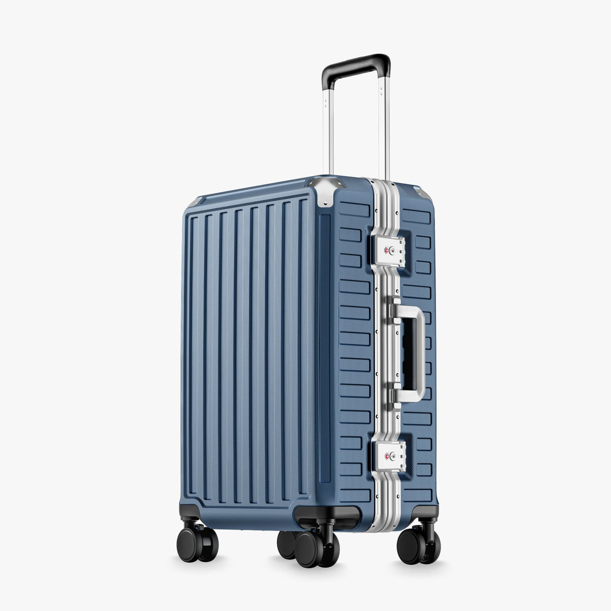 luminum frame luggage showing 100% polycarbonate shell, reinforced corner protectors, TSA-approved locks, aluminum frame structure, and 360-degree shock-absorbing spinner wheels. #color_blue
