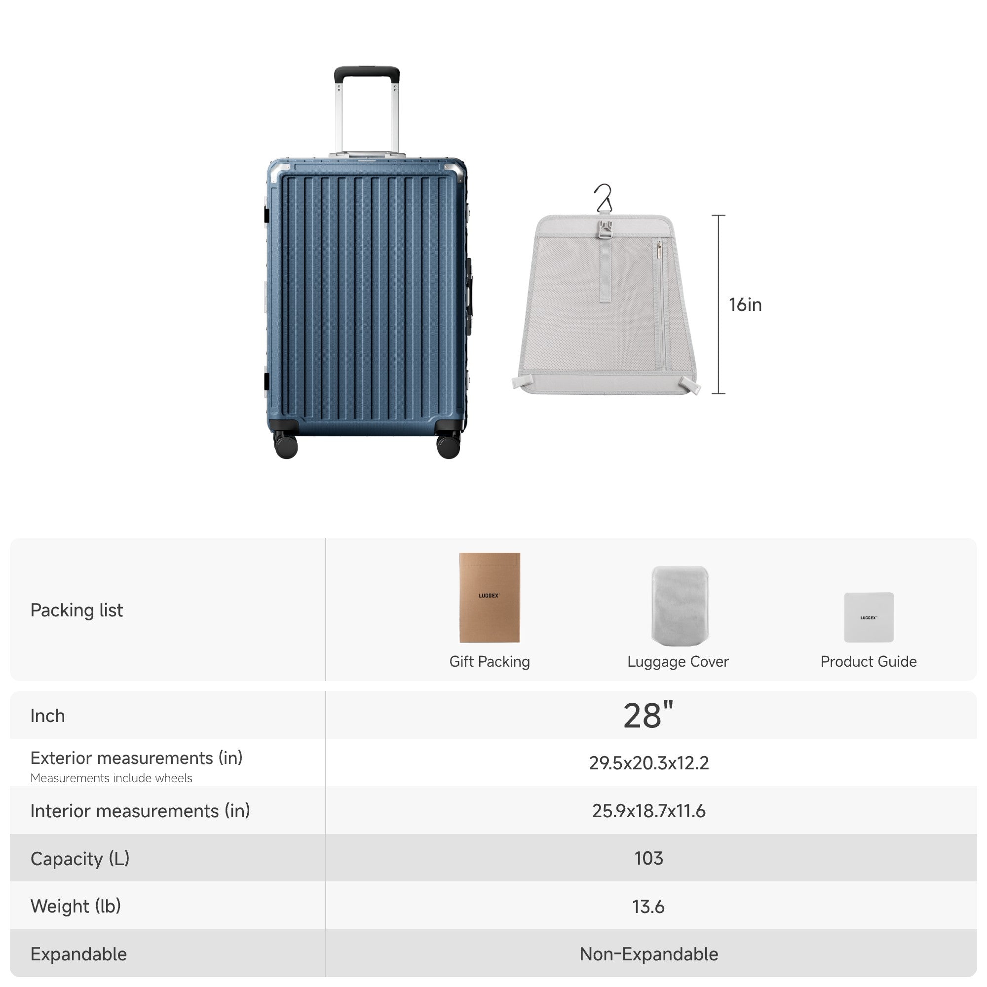 LUGGEX 28-inch aluminum frame check-in luggage size and capacity overview, showing exterior and interior dimensions, 103L capacity, non-expandable design, and removable privacy divider.