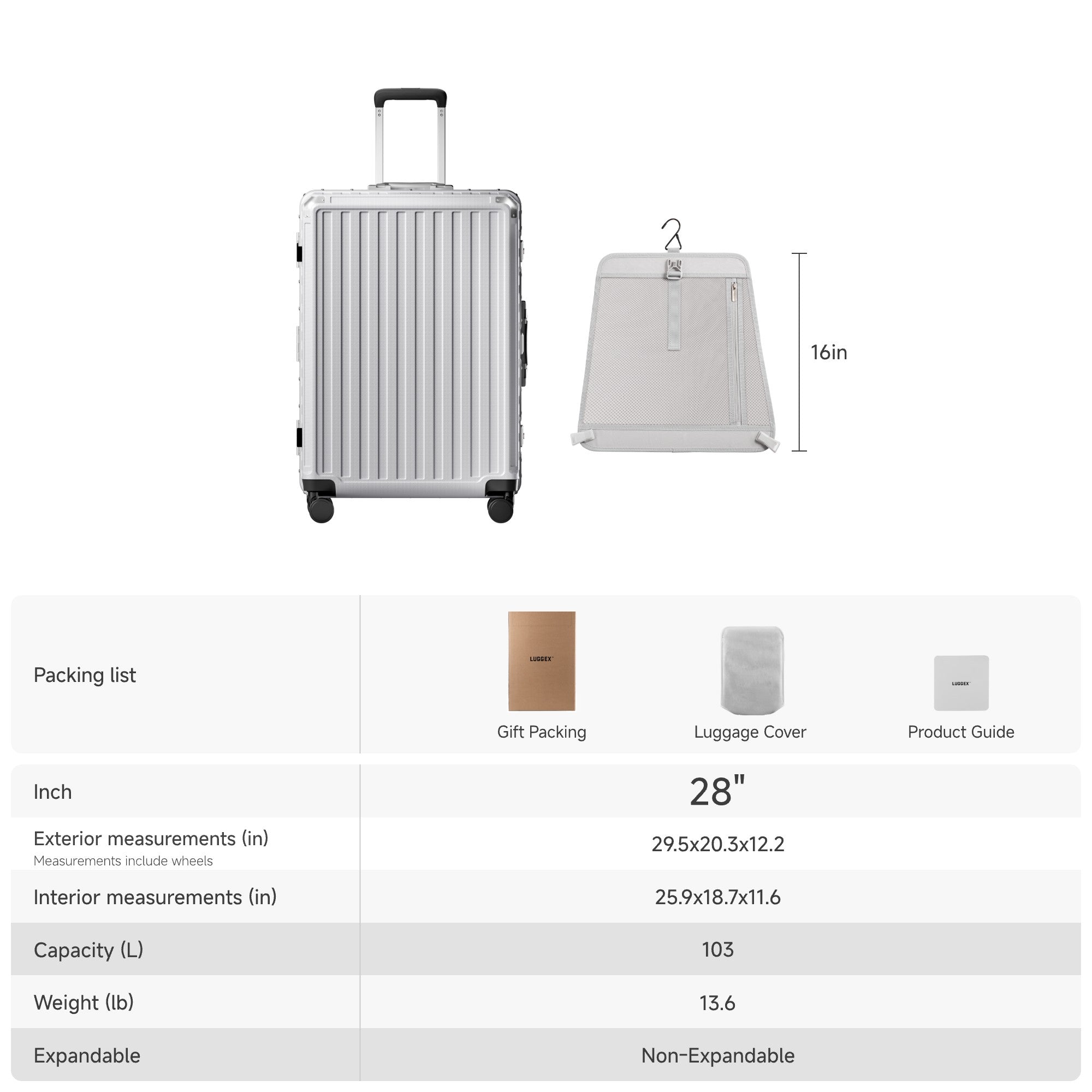 LUGGEX 28-inch aluminum frame check-in luggage size and capacity overview, showing exterior and interior dimensions, 103L capacity, non-expandable design, and removable privacy divider.