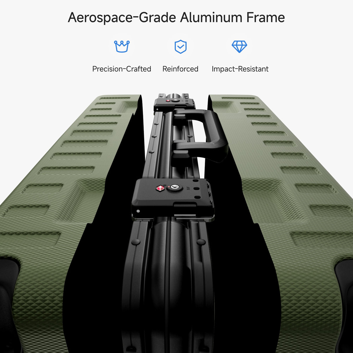 100% polycarbonate hard shell, and reinforced aluminum frame for durable protection and long-term travel use. #LUGGEX 21-inch zipperless bigger carry-on suitcase with aluminum frame and 100% polycarbonate hard shell, TSA locks, and smooth spinner wheels for durable, lightweight travel. #color_olive_green #show