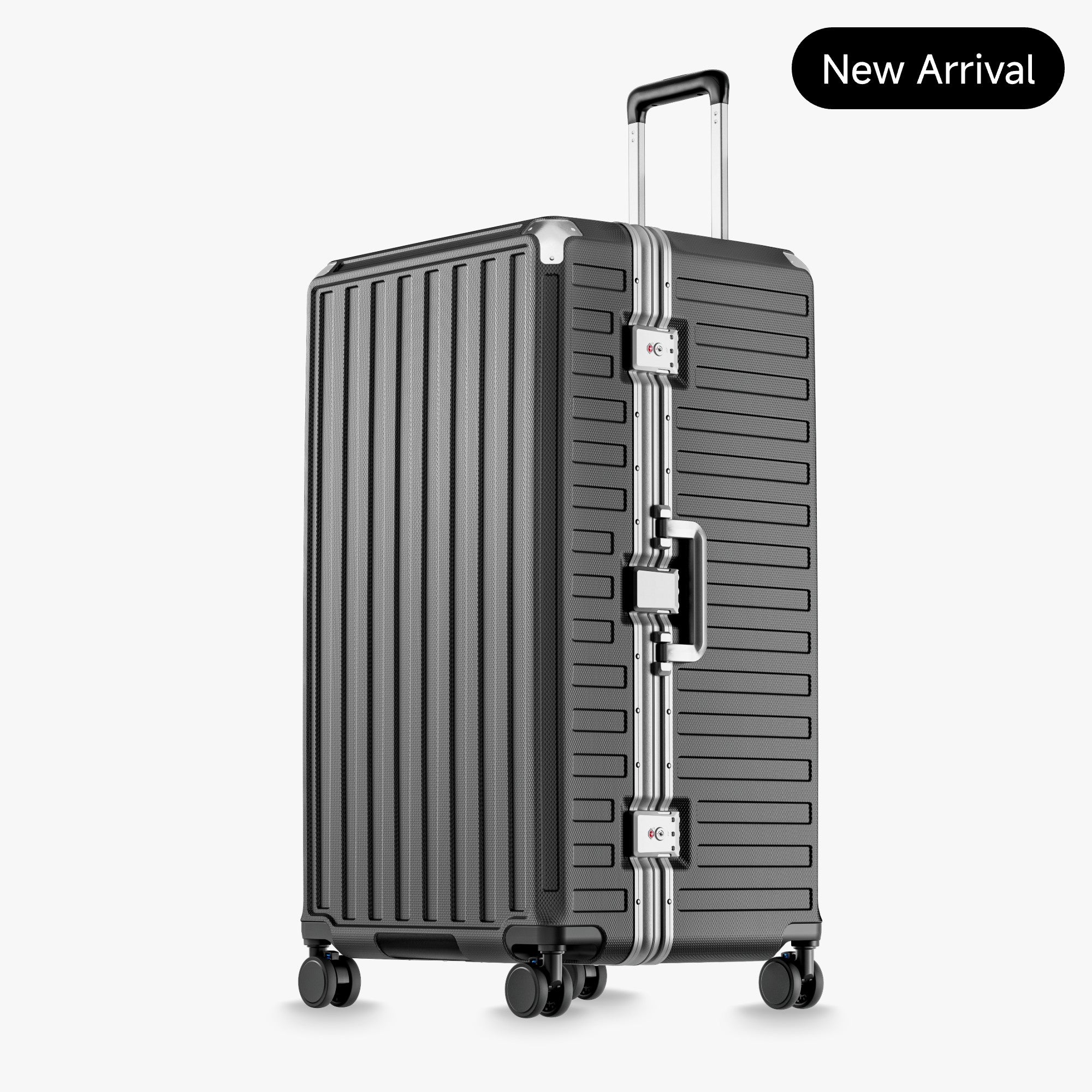 LUGGEX Zipperless aluminum 32-inch check-in luggage with a 4-stage adjustable handle, reinforced corners, dual TSA-approved locks, removable privacy divider, and shock-absorbing spinner wheels. #color_charcoal