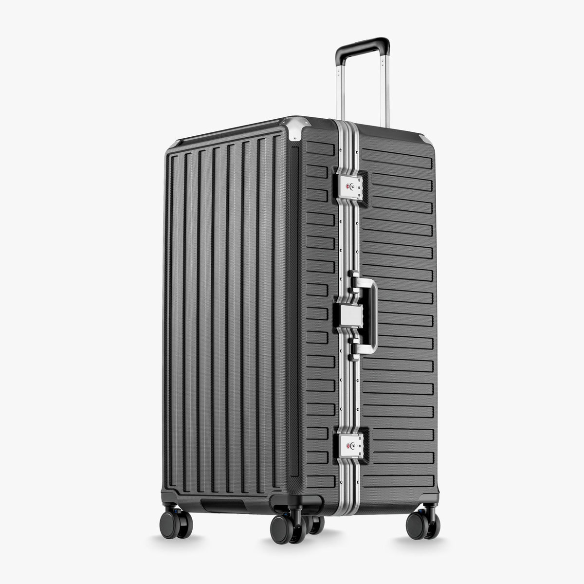 LUGGEX Zipperless aluminum 32-inch check-in luggage with a 4-stage adjustable handle, reinforced corners, dual TSA-approved locks, removable privacy divider, and shock-absorbing spinner wheels. #color_charcoal
