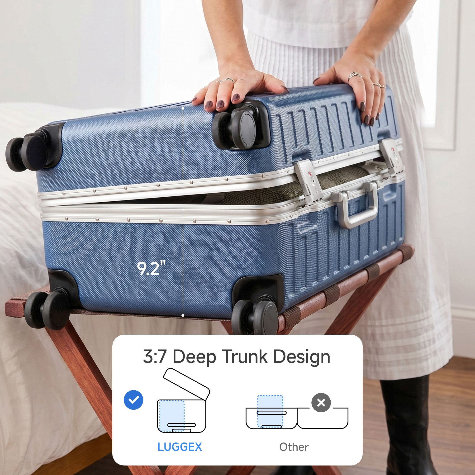 LUGGEX Zipperless aluminum 24-inch check-in luggage with a 4-stage adjustable handle, reinforced corners, dual TSA-approved locks, removable privacy divider, and shock-absorbing spinner wheels.
