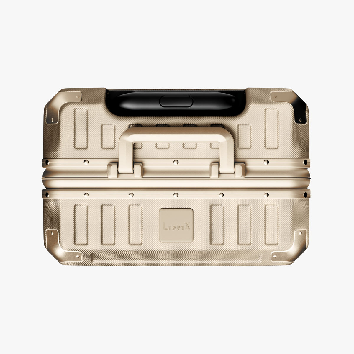 LUGGEX carry-on luggage in silver with silver aluminum frame — front, back, and side views showing zipperless hard shell, TSA lock, and spinner wheels.