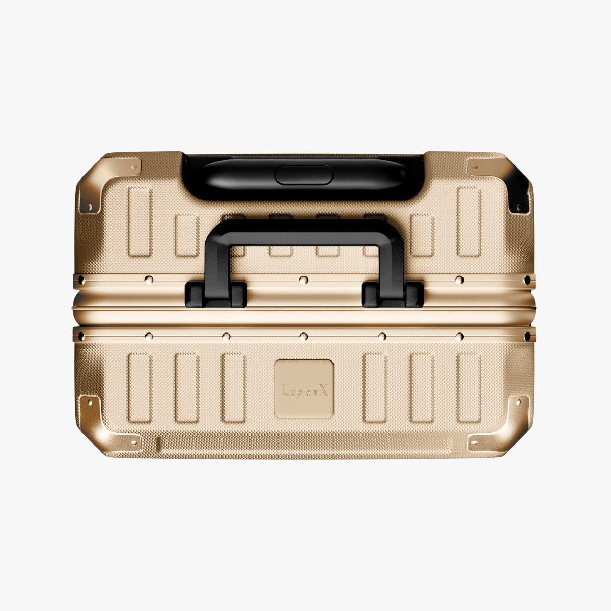 LUGGEX ZX 28-inch champagne gold suitcase, top carry handle view.