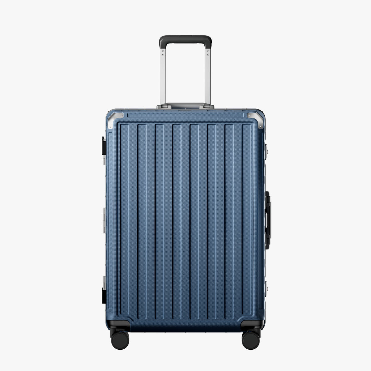 LUGGEX Zipperless aluminum 28-inch check-in luggage with a 4-stage adjustable handle, reinforced corners, dual TSA-approved locks, removable privacy divider, and shock-absorbing spinner wheels.